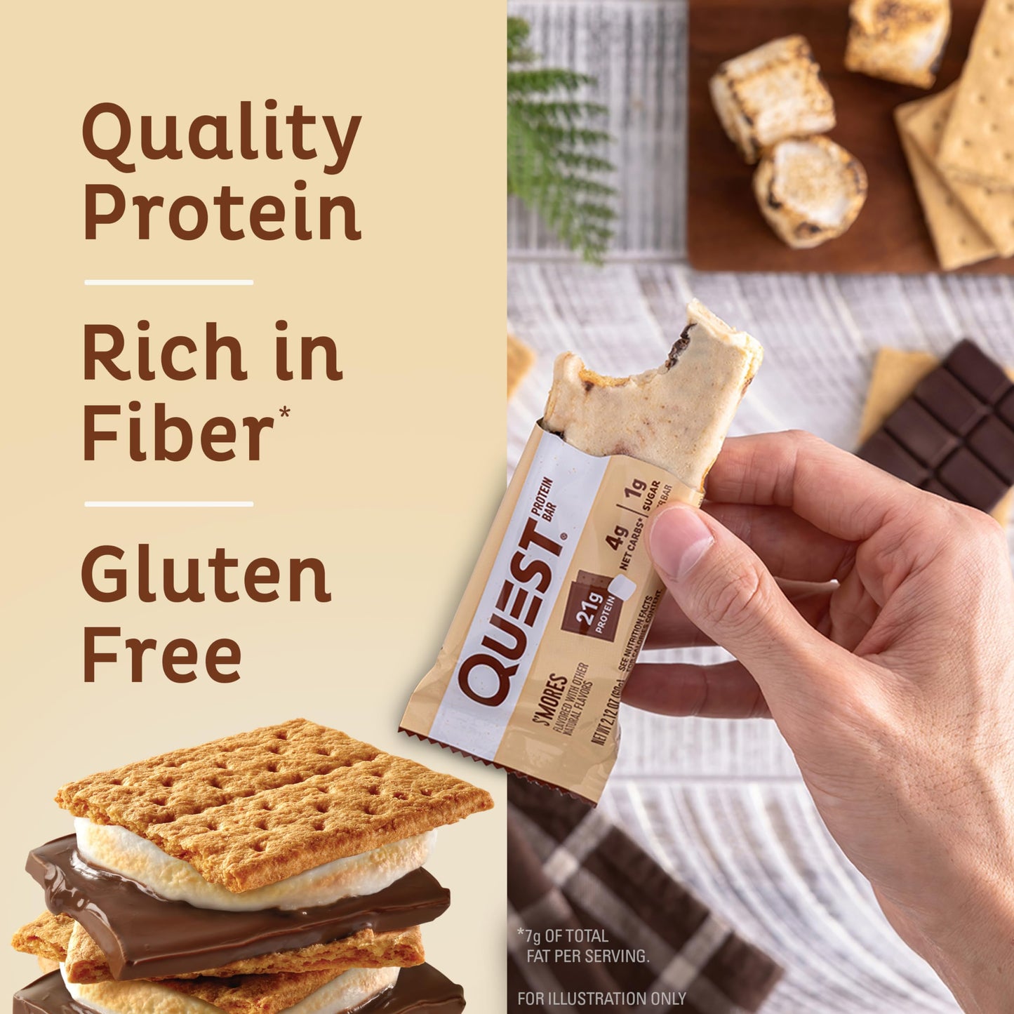 Quest Nutrition Smores Protein Bar, 31g Protein, 4g Net Carbs, 1g Sugar, Gluten Free, Keto Friendly, 4 Count