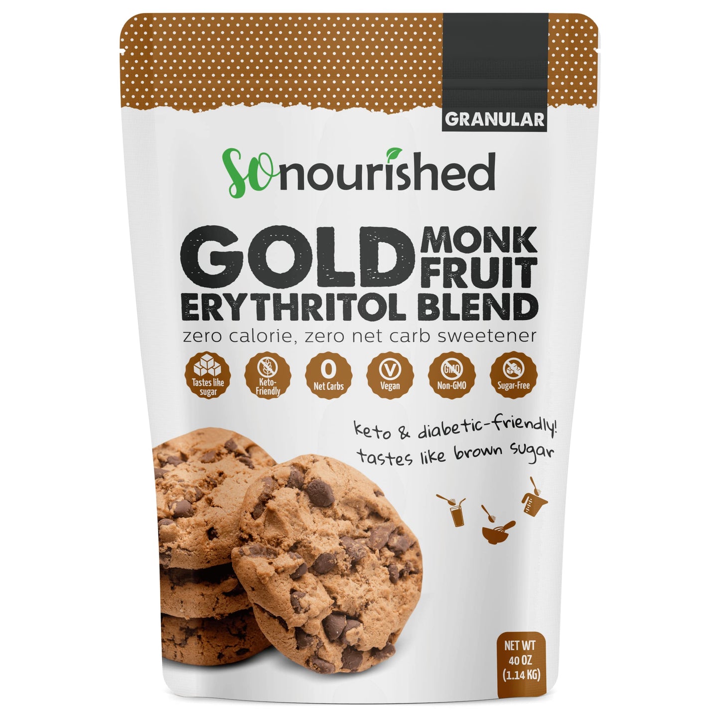 So Nourished GOLD Brown Sugar Alternative Substitute 1:1 Sugar Replacement - Monk Fruit Erythritol Sweetener for Low Carb Dieter