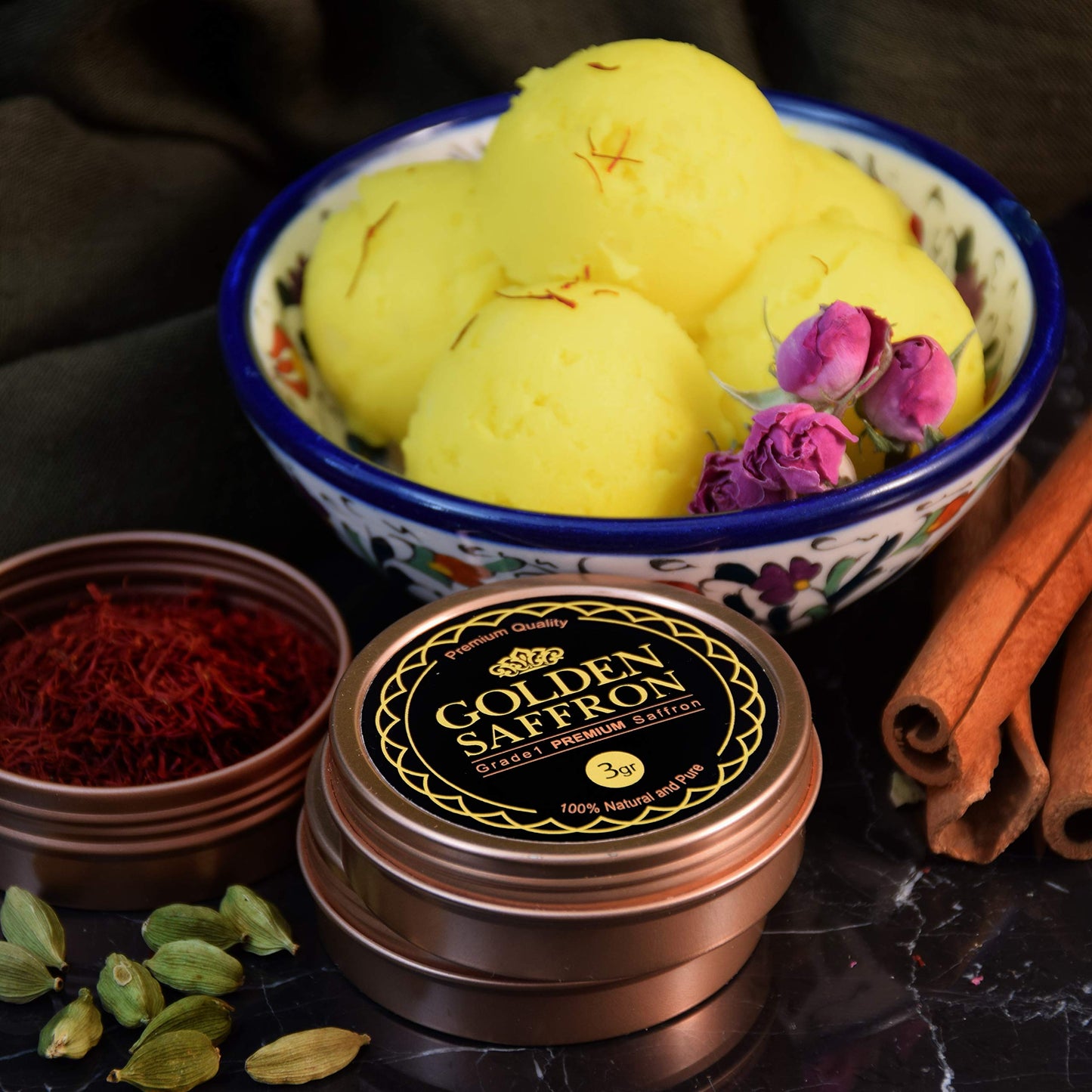 Golden Saffron, Finest Pure Premium All Red Saffron Threads, Grade A+ Super Negin, Non-Gmo Verified. For Tea, Paella, Rice, Desserts, Golden Milk And Risotto (3 Grams)