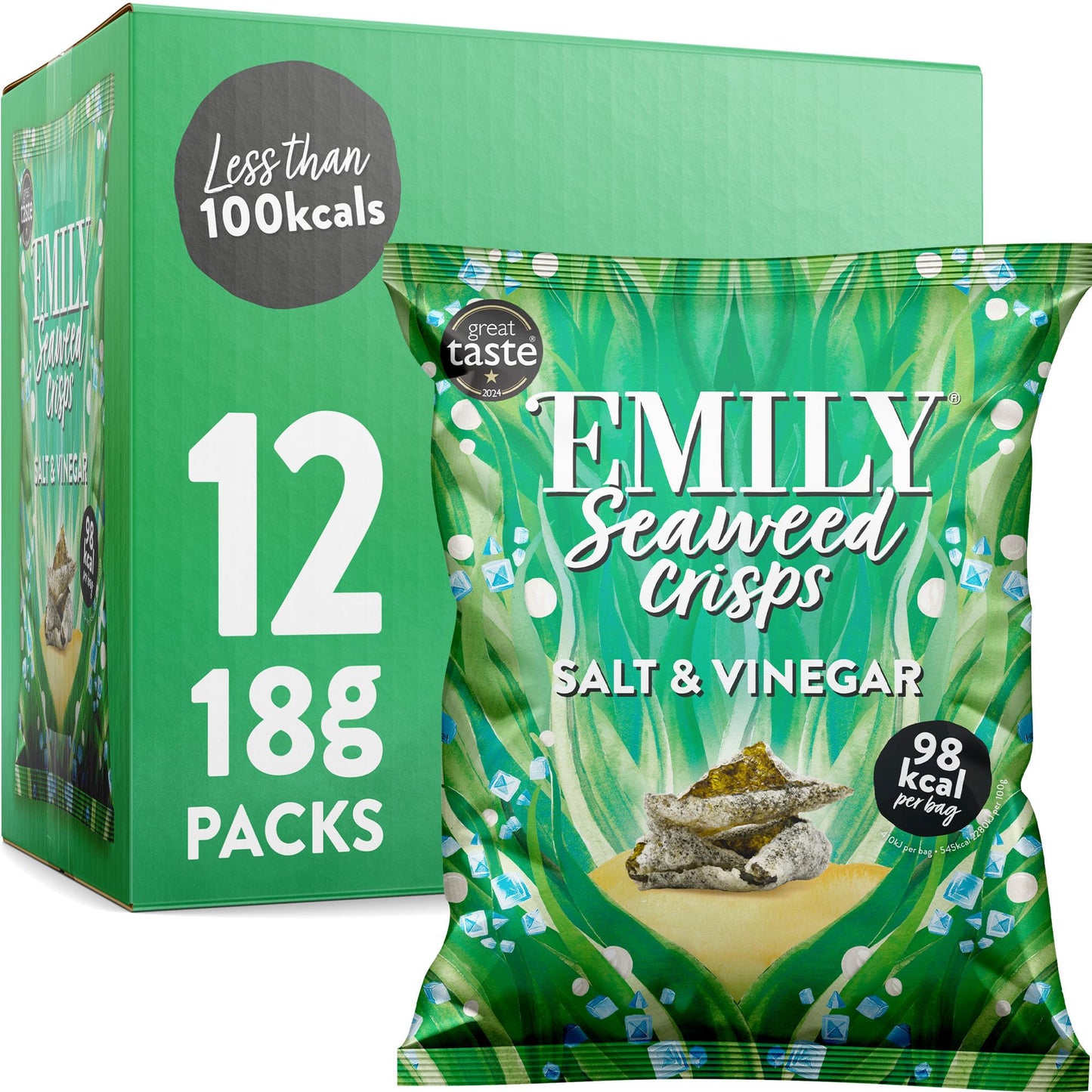 Abakus Crunchy Seaweed Chips - Salt & Vinegar 12 x 18g, Seaweed Snack, Nori Snack, Vegan, Gluten-Free, Healthy Snack, Source of
