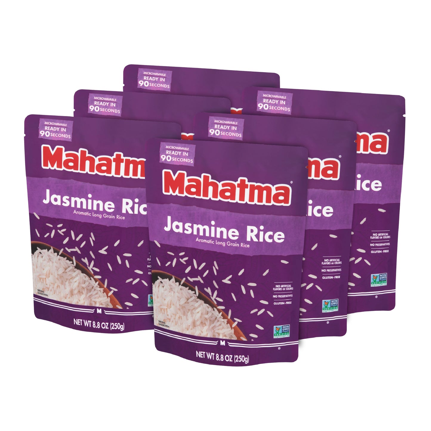 Mahatma Ready To Heat Jasmine Rice, Precooked Rice, Microwaveable In 90 Seconds, Six 8.8-Ounce Bags