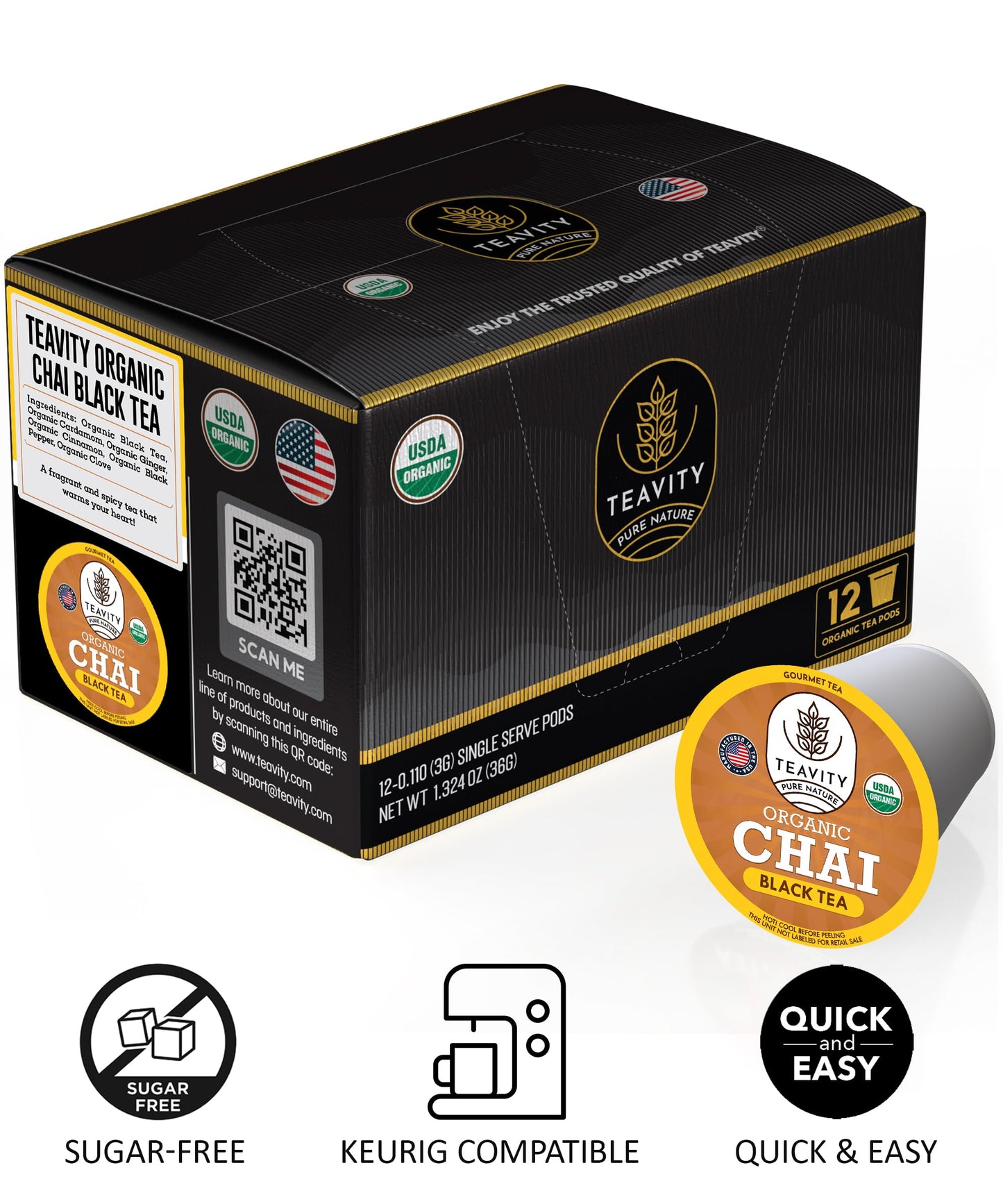 Teavity Organic Chai Black Tea Pods for Keurig, Naturally Caffeinated, 36 Count