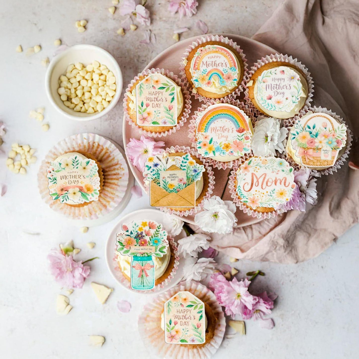 Ephlyn Cupcake Toppers 54 Pcs Edible Rainbow Flowers for Mothers Day Cake Decoration Pink