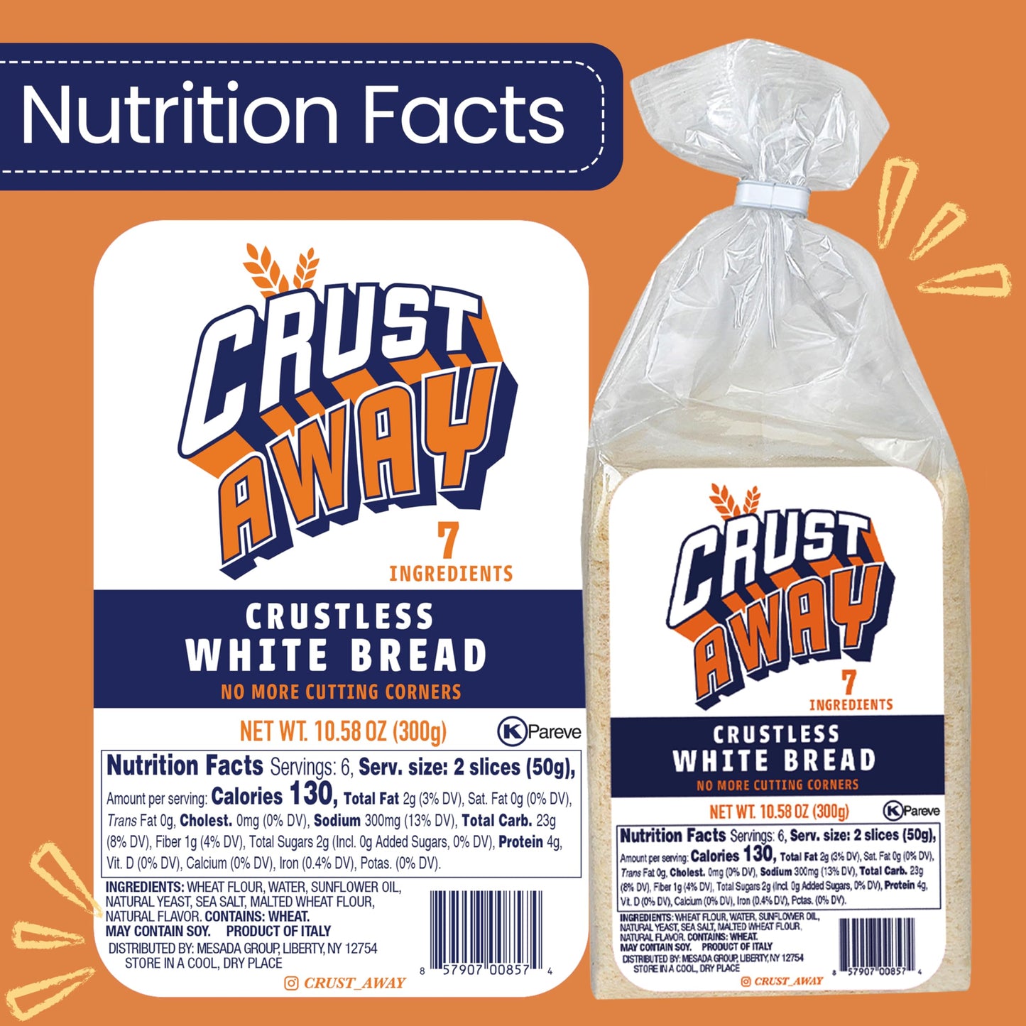 CRUST AWAY Crustless Whole Wheat & White Bread, 2 Pack – Non-GMO, Kosher, All Natural – 14 Day Shelf Life