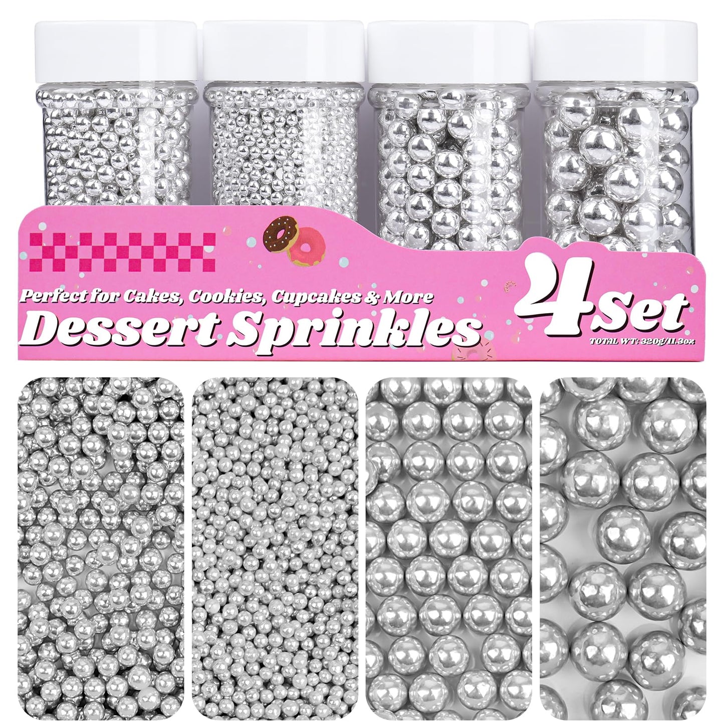 Silver Pearl Sprinkles for Cake Decorating, 11.3 Oz Edible Pearls Sugar Large Capacity 4 Jars Set for Baking Cookie Ice Cream Cu