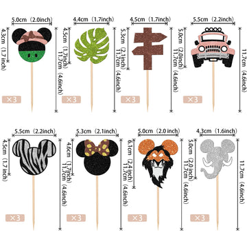 24 Pcs Safari Minnie Mouse Cupcake Toppers Glitter Car Palm Monstera Leaf Lion Elephant Cupcake Picks For Jungle Safari Animal T