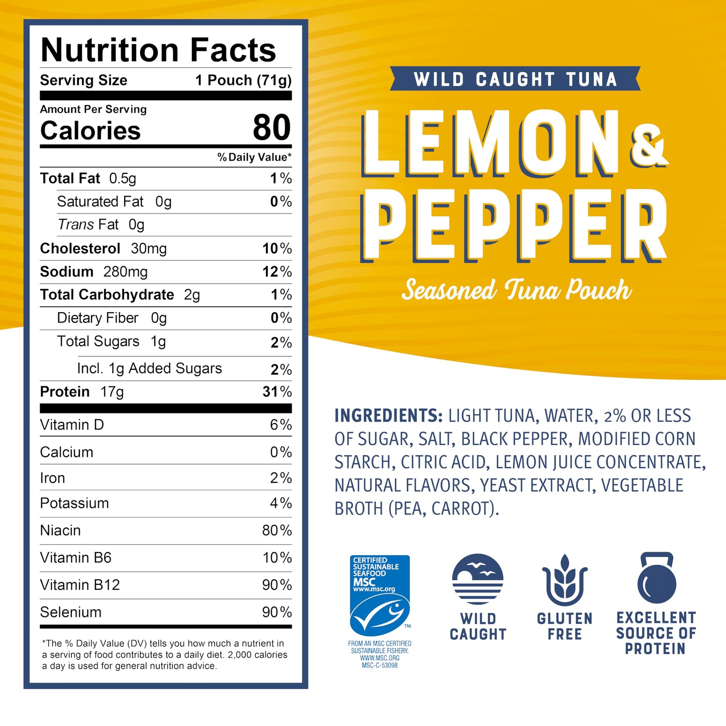 Bumble Bee Lemon & Pepper Seasoned Tuna, 2.5 oz Pouch - Ready to Eat - Wild Caught Tuna Packet - 17g Protein per Serving - Glute
