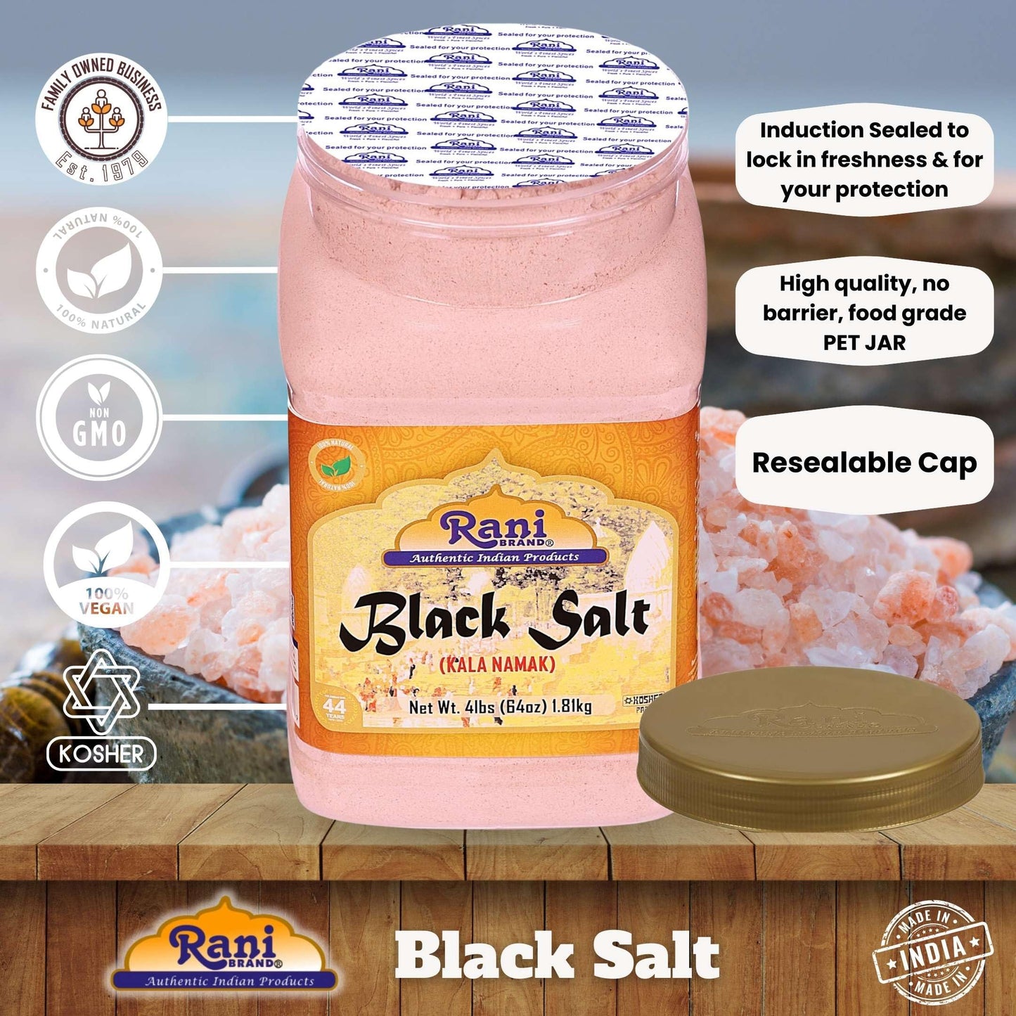 Rani Black Salt Powder (Kala Namak) Mineral 64Oz (4Lbs) 1.81Kg Bulk Pet Jar ~ Unrefined, Pure And Natural | Vegan | Gluten Friendly | Non-Gmo | Indian Origin | Perfect For Tofu Scramble