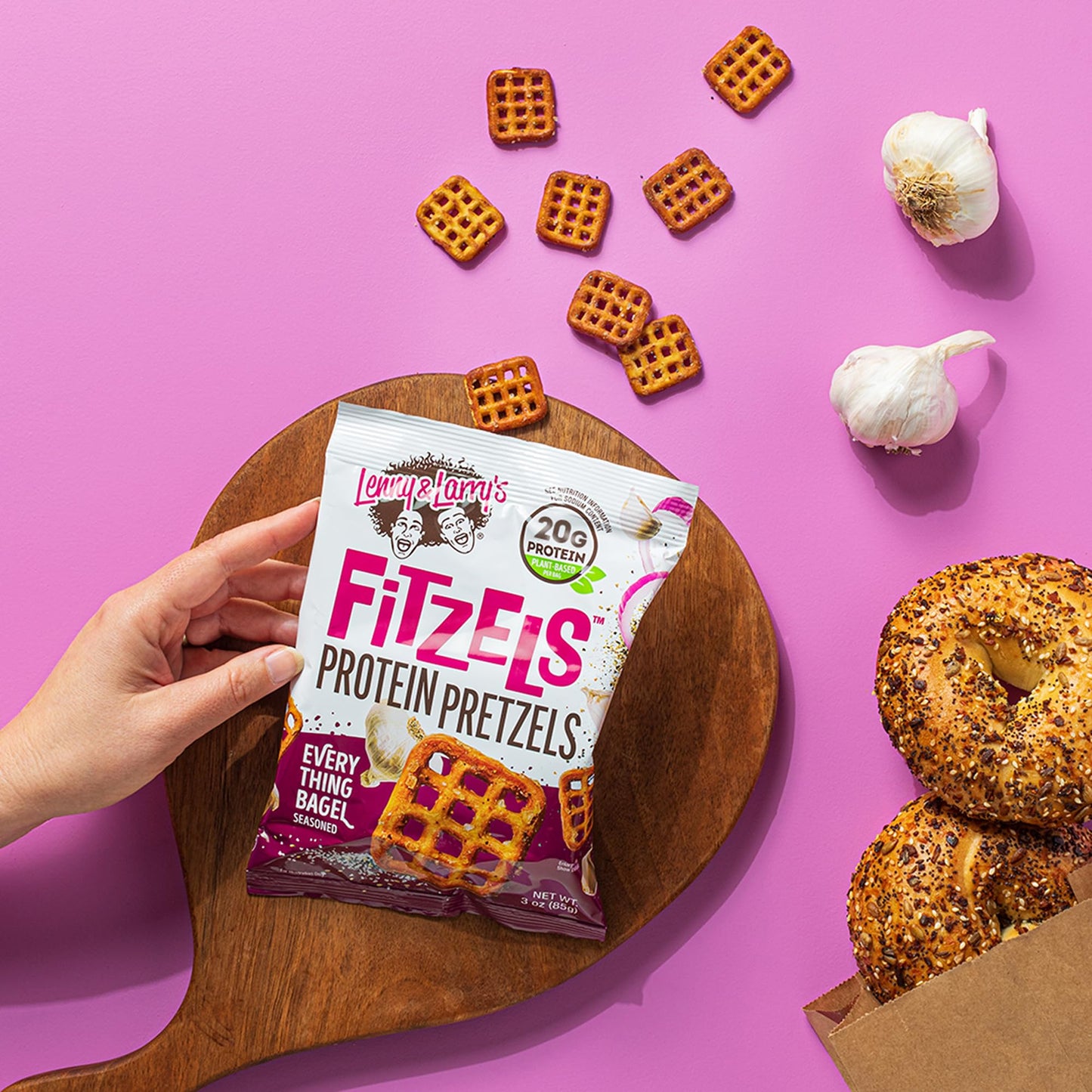 Lenny & Larry'S Everything Bagel Fitzels- Savory Pretzel Snacks Incredibly Tasty, High Protein Salty, Vegan, Kosher 20 G'S Of Plant Based Protein 8 (Eight) Bags, 3 Oz Each