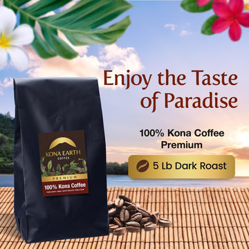 Kona Earth - Premium, 100% Kona Coffee, Dark Roast, Farm-Fresh Whole Coffee Beans, Micro-Batch-Roasted, 5 Lbs., Pack Of 1