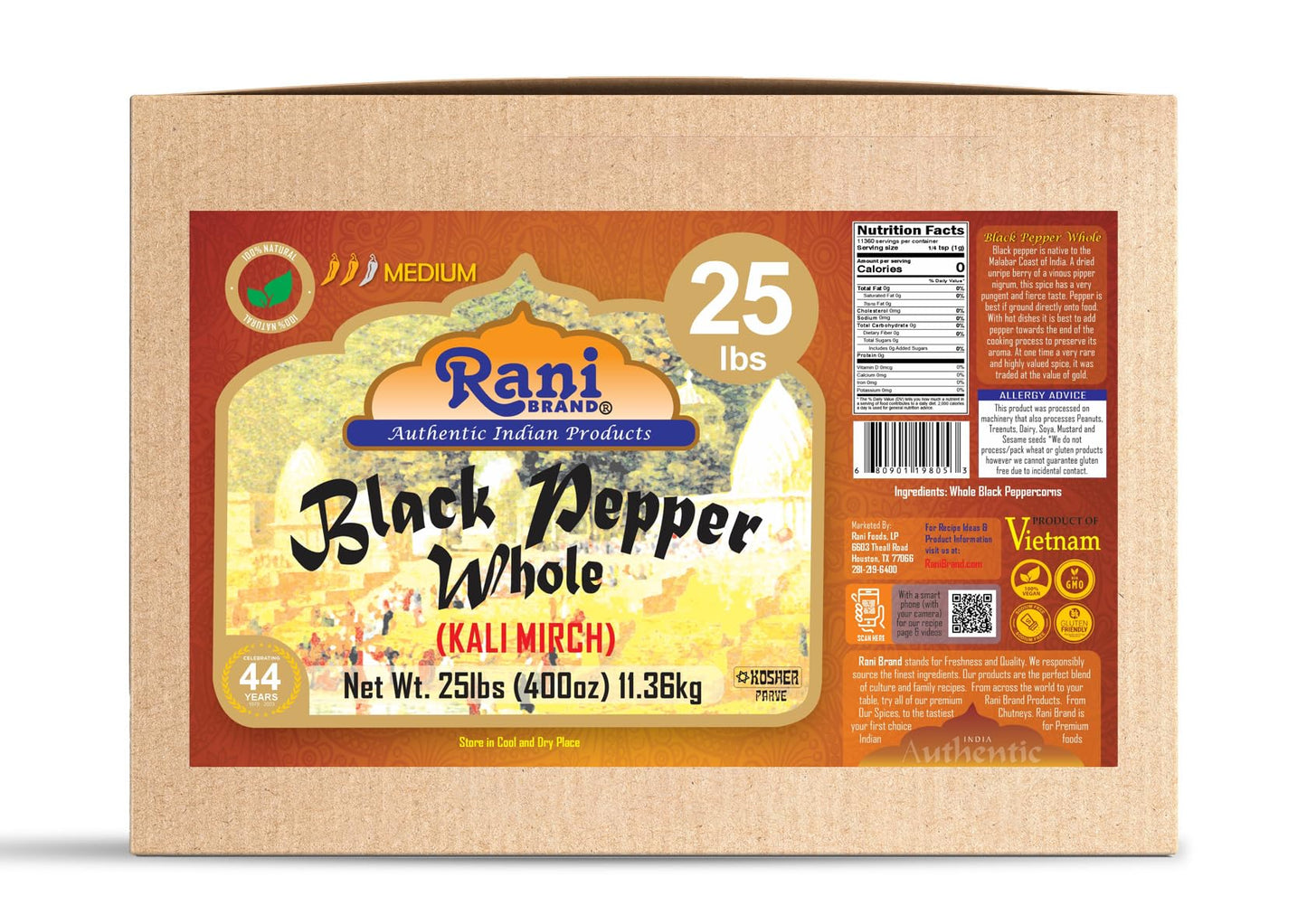 Rani Black Pepper Whole (Peppercorns), Premium Mg-1 Grade 400Oz (25Lbs) 11.36Kg Bulk Box ~ All Natural | Gluten Friendly | Non-Gmo | Kosher | Product Of Vietnam | Perfect Size For Grinders!