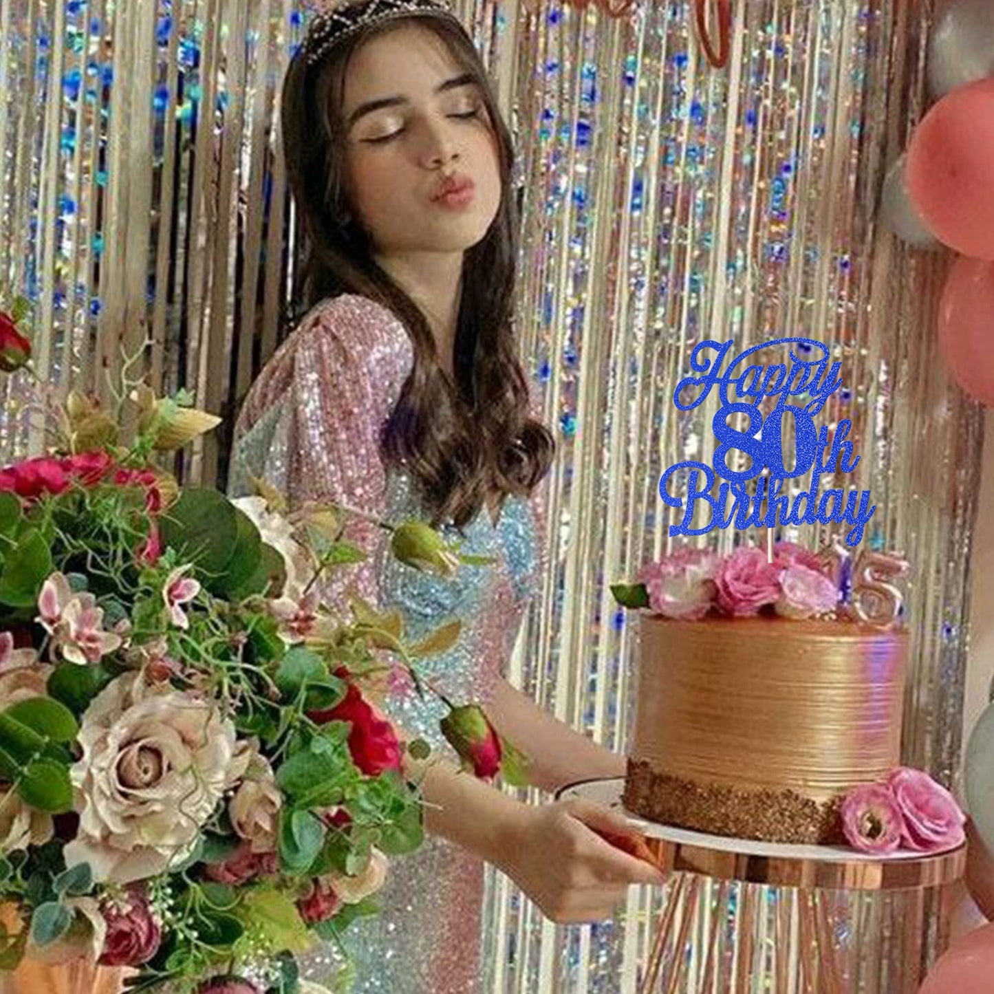 Rssta i 80th Birthday Cake Topper, Glitter Design, Deep Blue, Paper Material, Model XM224-Deep Blue