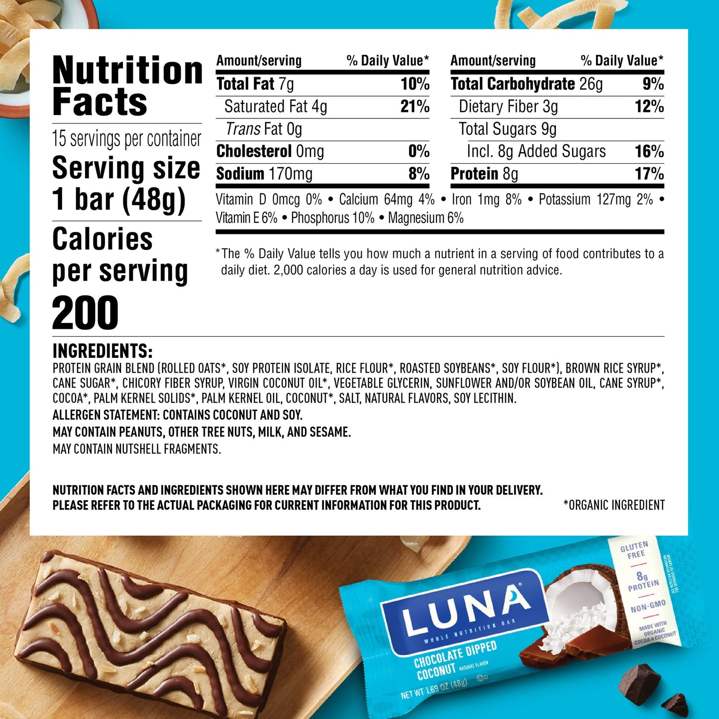 Luna Bar - Gluten Free Snack Bars - Chocolate Dipped Coconut Flavor -8G Of Protein - Non-Gmo - Plant-Based Wholesome Snacking -