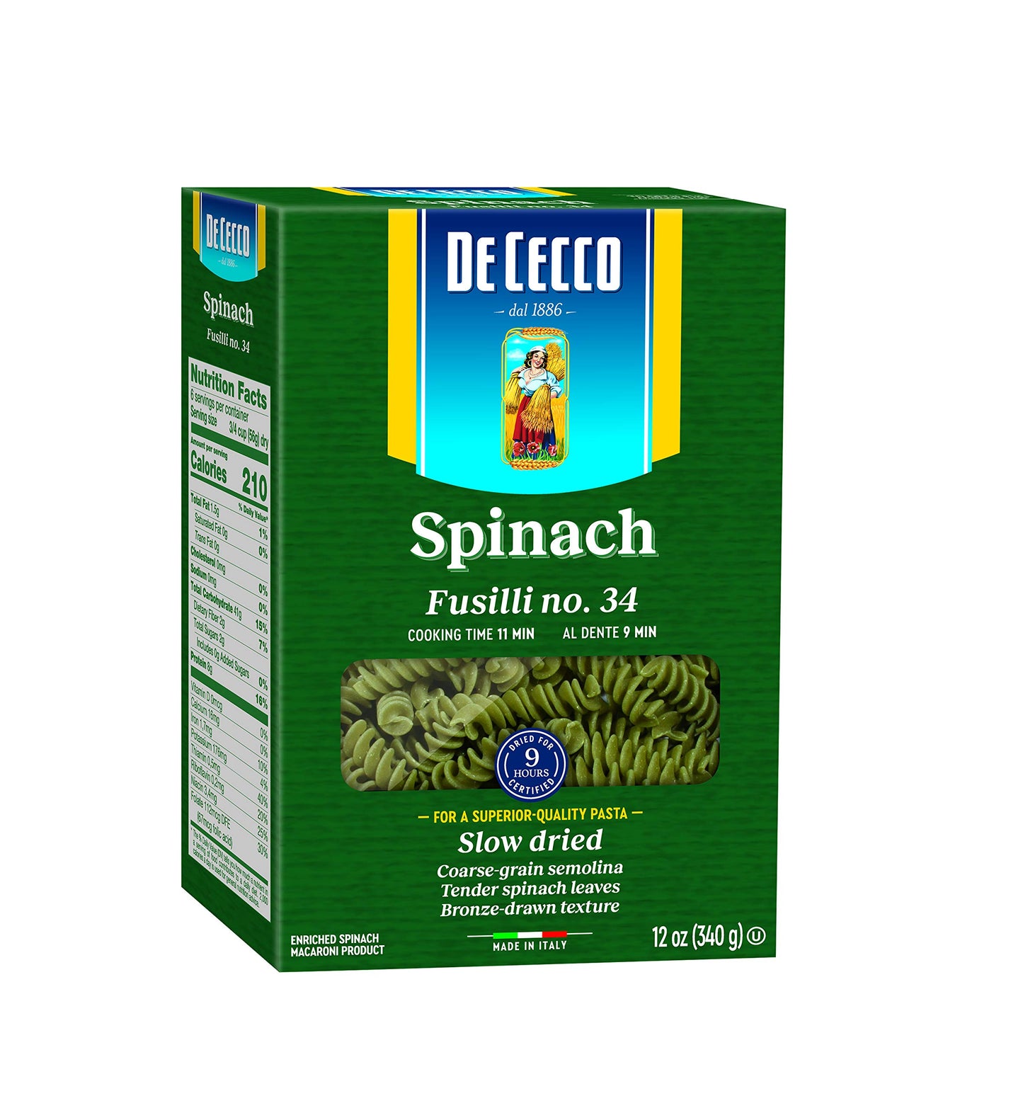De Cecco Pasta, Spinach Fusilli No.34, 12 Oz (Pack Of 12) - Made In Italy, High In Protein & Iron, Bronze Die (Vkp0034)