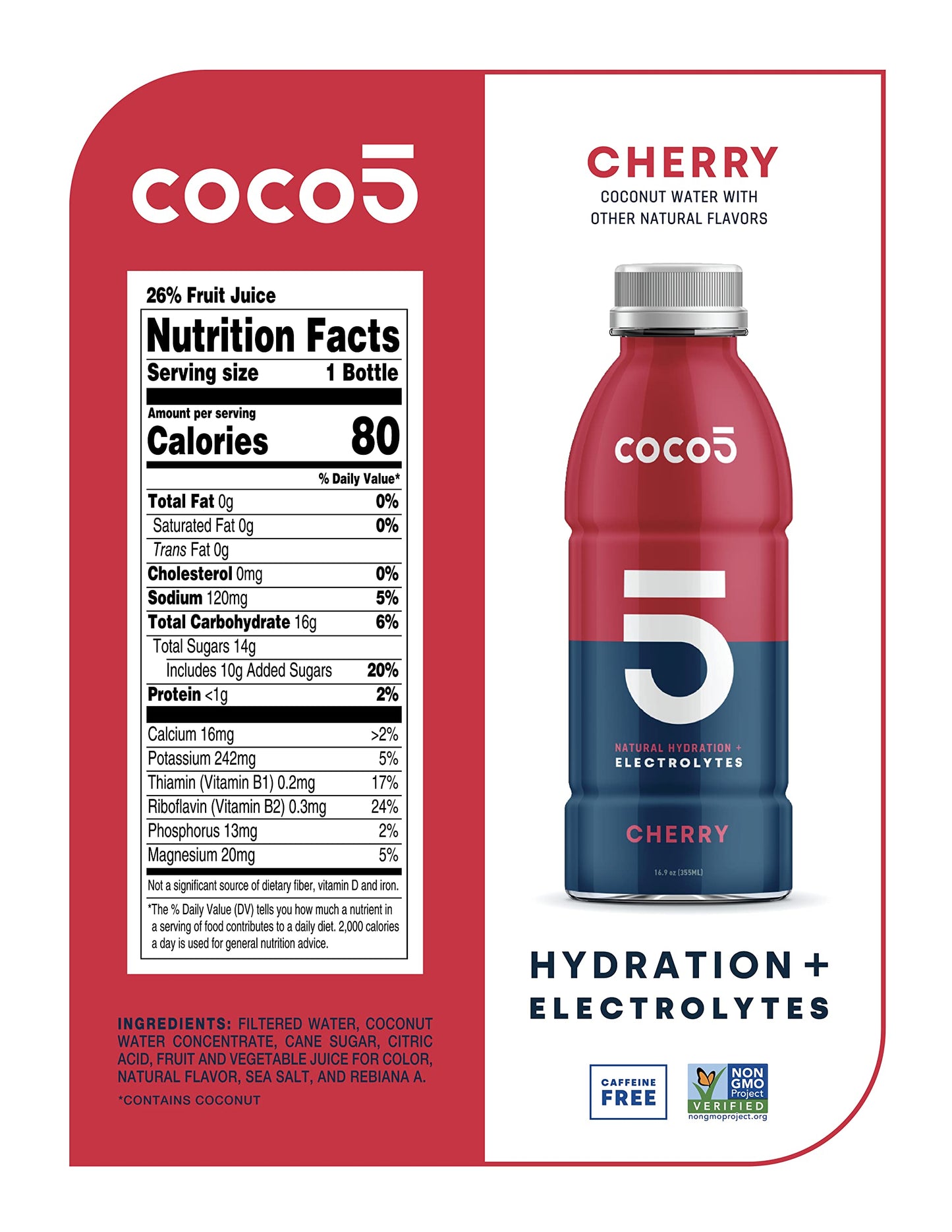 Coco5 Clean Sports Hydration Cherry Flavor | 100% Natural | 50% Less Sugar | Nothing Artificial | Non-Gmo | Gluten Free | Develo