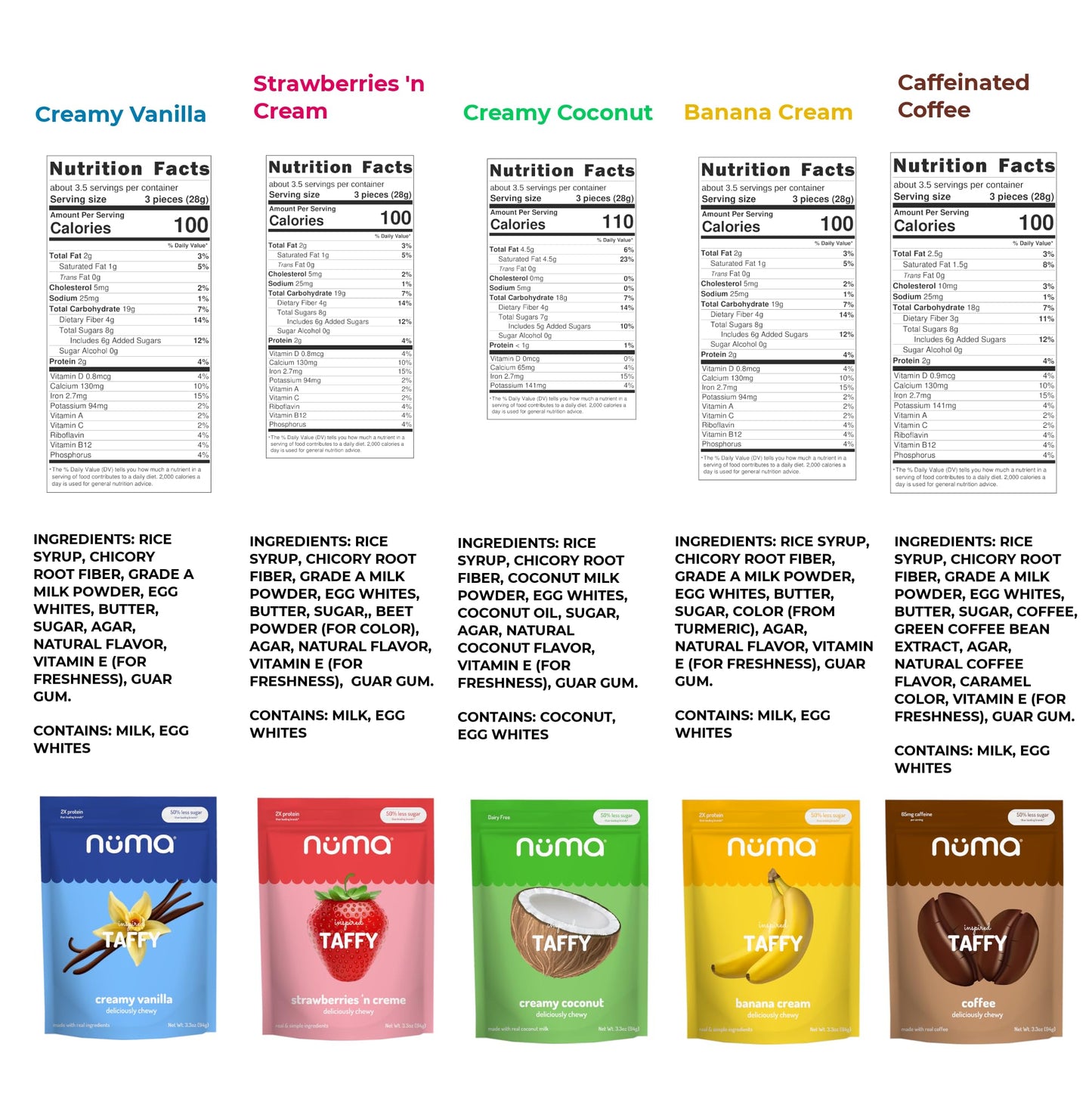 Numa Foods Healthy Chewy & Creamy Candy Variety Pack - Low Sugar, All-Natural, Gluten Free, High Protein - 5 Bags Of 8 Individua