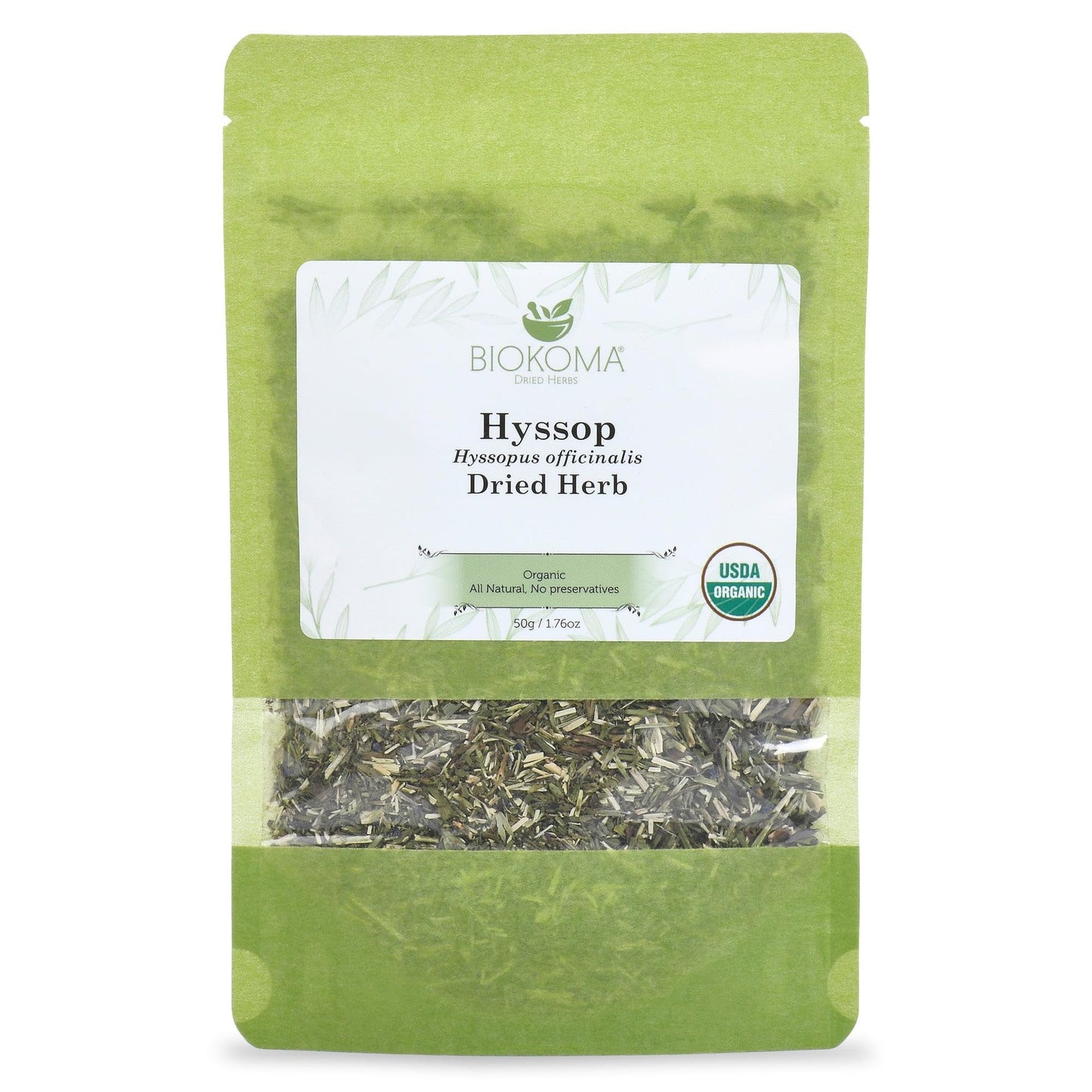 Biokoma Pure and Organic Hyssop Dried Herb 50g (1.76oz) in Resealable Moisture Proof Pouch, USDA Certified Organic - Herbal Tea,