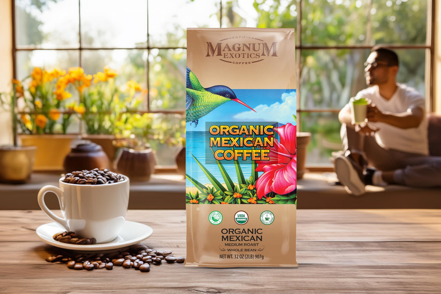 Magnum Exotics Organic Mexican Coffee - Medium Roast Whole Bean Low Acid USDA Certified Organic - 2 lb (32 oz)