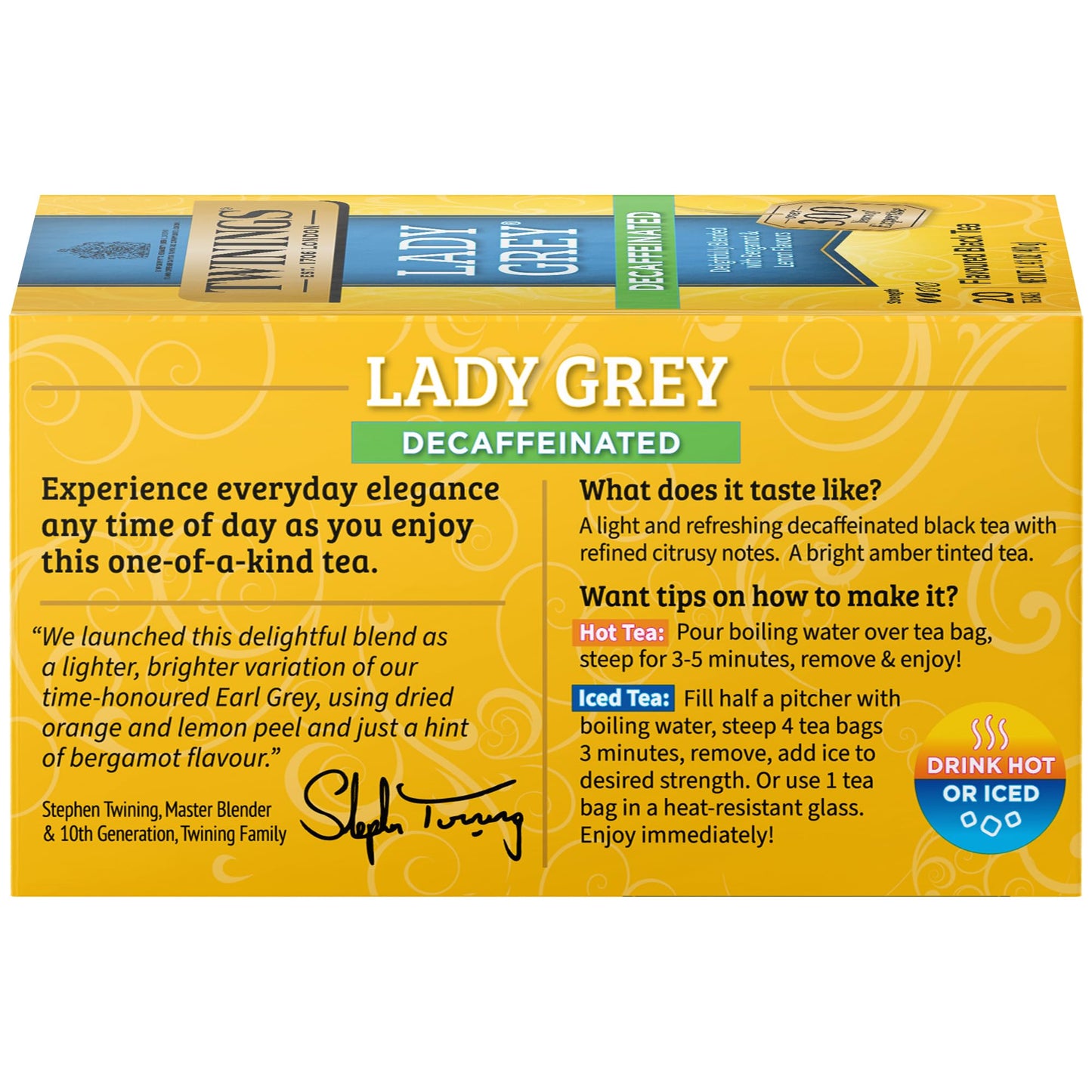 Twinings Decaffeinated Lady Grey Black Tea Individually Wrapped Bags, 20 Count (Pack of 1), Orange Peel & Lemon Peel, Enjoy Hot