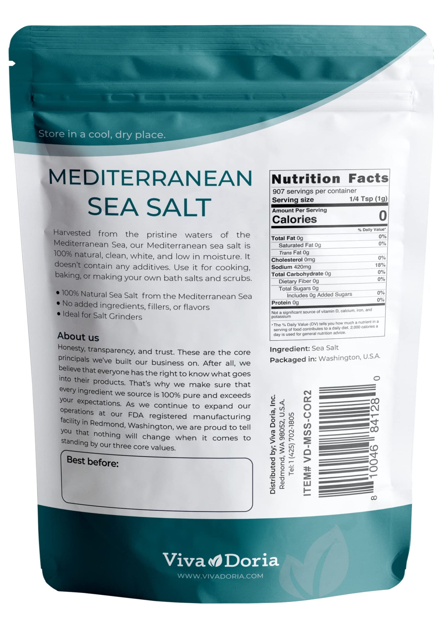 Viva Doria Mediterranean Sea Salt, Coarse Grain, 5 lb