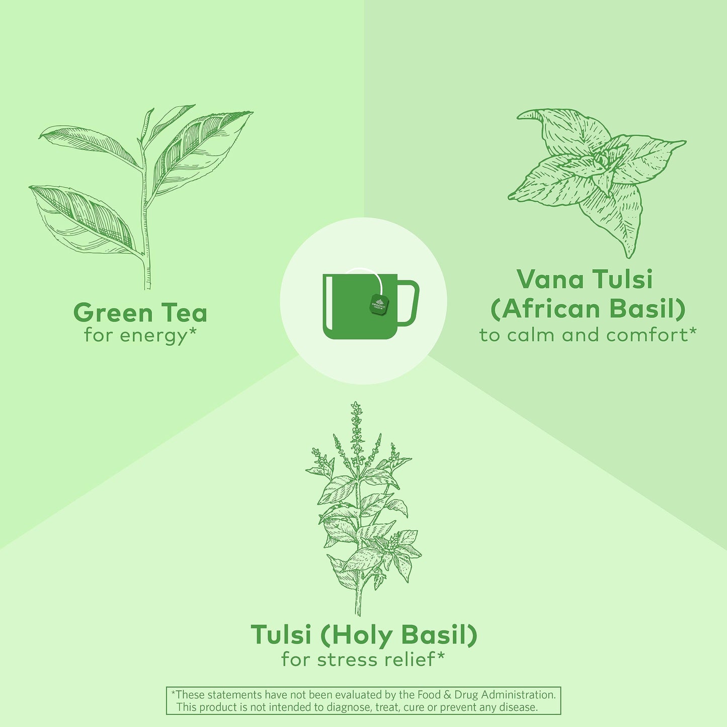 Organic India Tulsi Green Tea Bags - Holy Basil Tea, African Basil, Stress Relieving, Immune Support, Usda Certified Organic, Premium Darjeeling Green Tea, Caffeinated - 18 Infusion Bags, 1 Pack