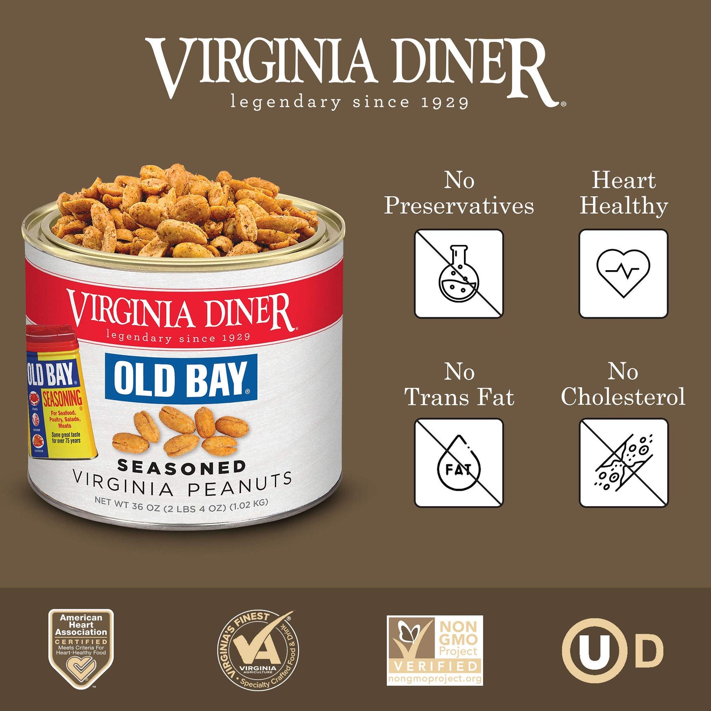 Virginia Diner Old Bay Natural Virginia Salted Roasted Peanuts, Premium Heart Healthy Snack In Vacuum Sealed Tin 36 Oz (Pack Of