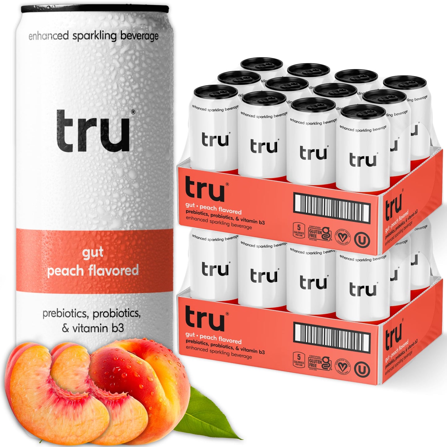 Tru Gut Seltzer Sparkling Water With Prebiotics Probiotics & Vitamin B3 Peach Juice & Natural Flavor Lightly Carbonated Gluten Free Vegan Energy Blend Free Low Calorie 12 Fl Oz Cans 12 Pack