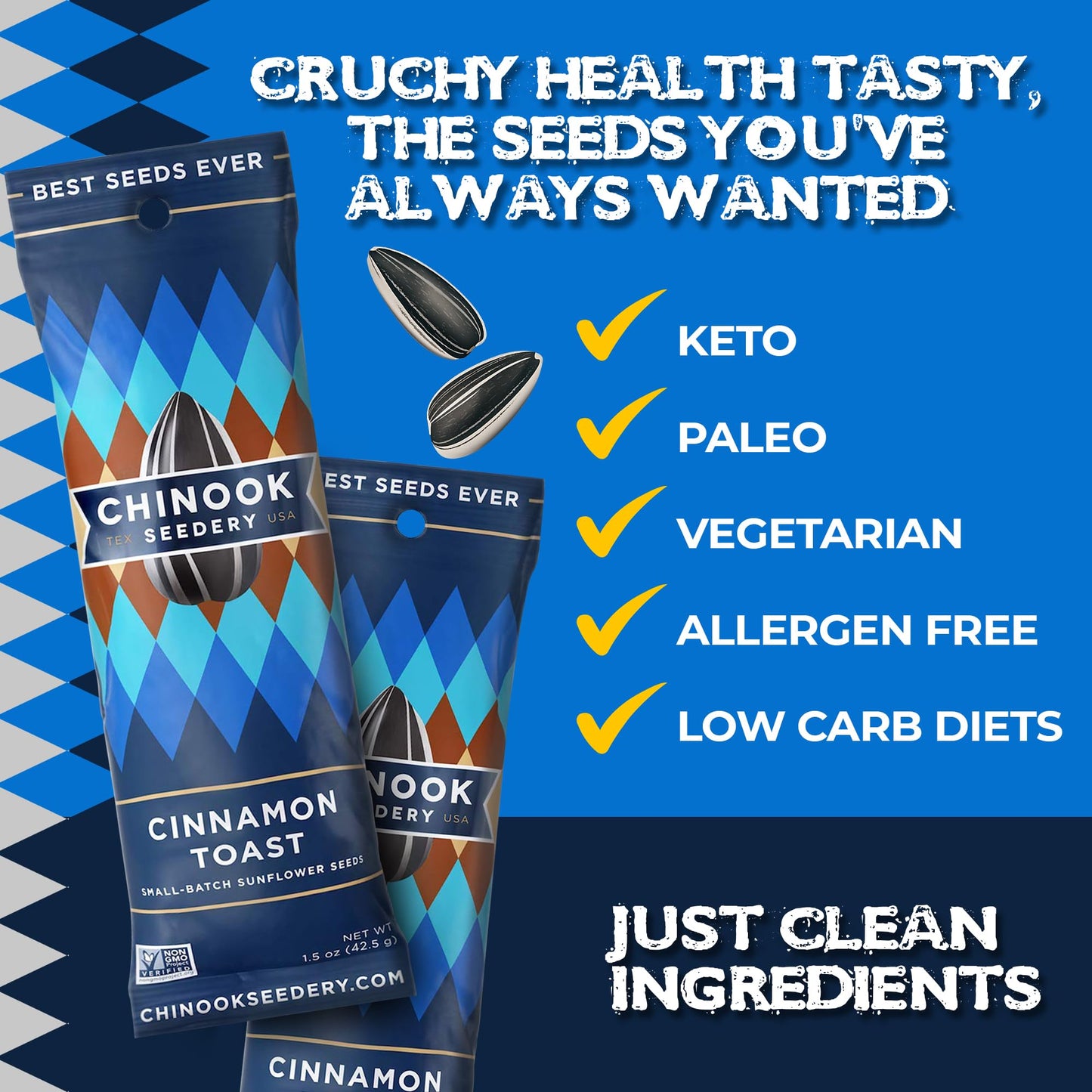 Chinook Seedery Roasted Sunflower Seeds To Eat - 1.5 Oz (Pack Of 36) Cinnamon Toast - Jumbo Low Sodium Sunflower Seeds Keto Snac