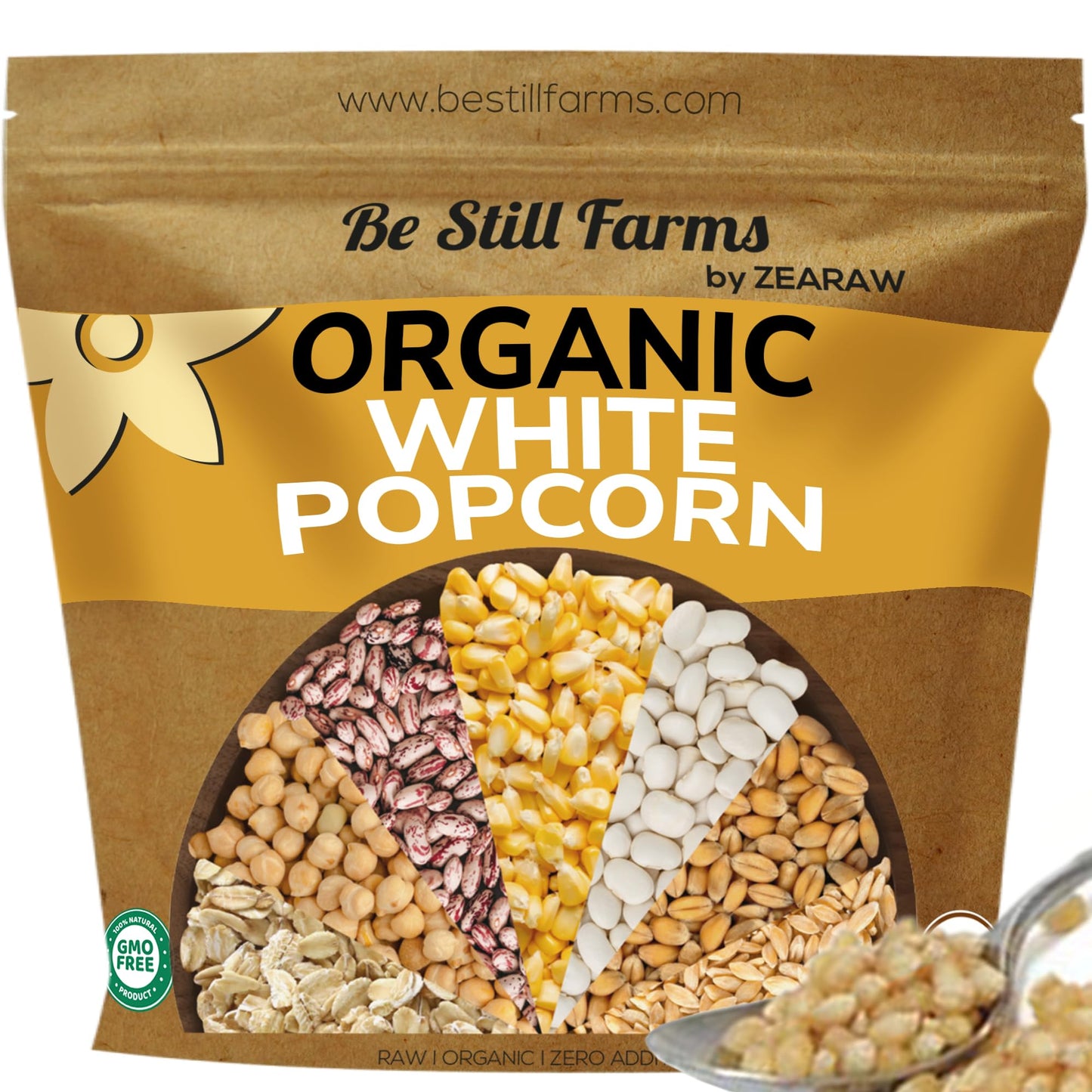 Be Still Farms White Organic Popcorn Kernels Hulless Uncooked 2.8Lb - Corn Ideal For Popping - Healthy Microwave Snacks Great Fo