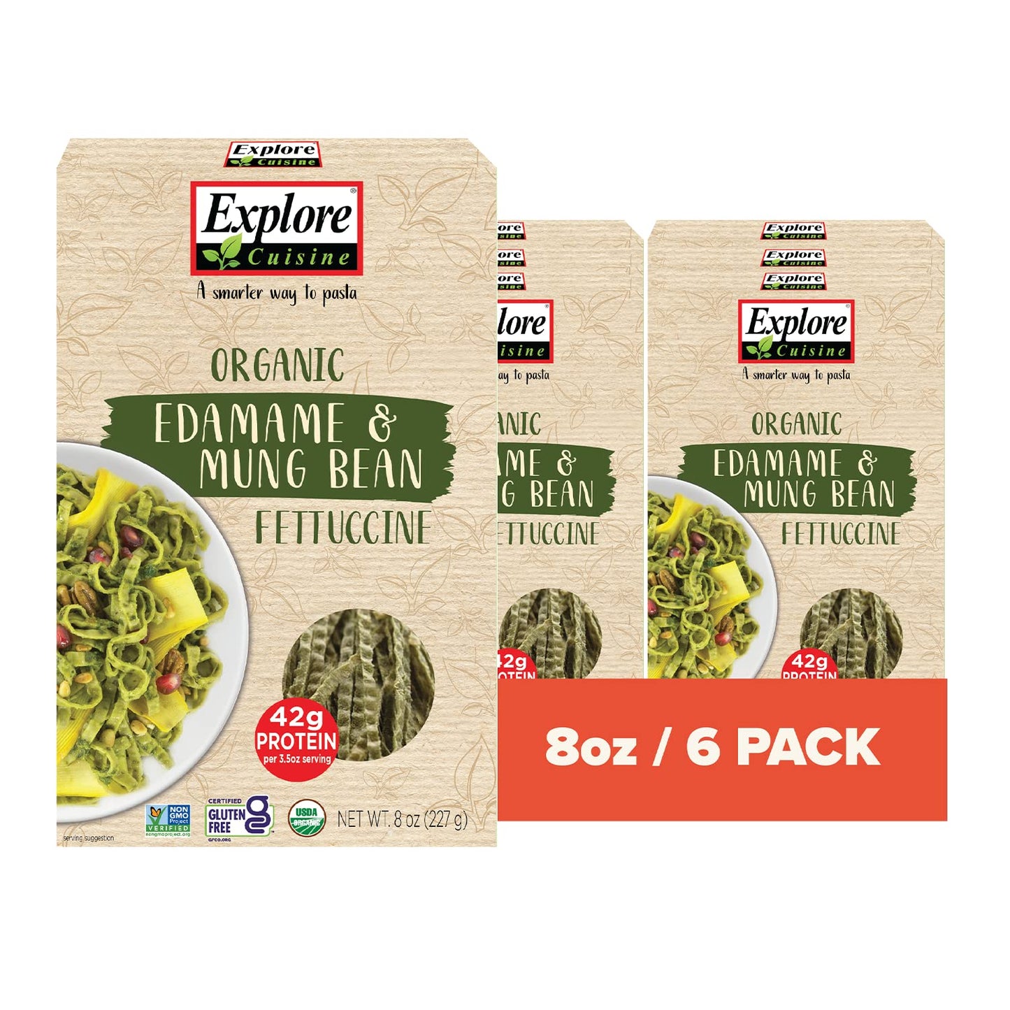 Explore Cuisine Organic Edamame & Mung Bean Fettuccine -Easy-To-Make Pasta - High In Plant-Based Protein - Non-Gmo, Gluten Free, Vegan, Kosher, 8 Oz (Pack Of 6)