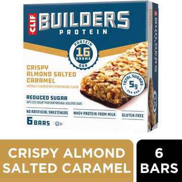Clif Builders Protein Bars, Crispy Almond Salted Caramel, 16g Protein, Reduced Sugar, Gluten Free, 1.97 oz (6 Pack)