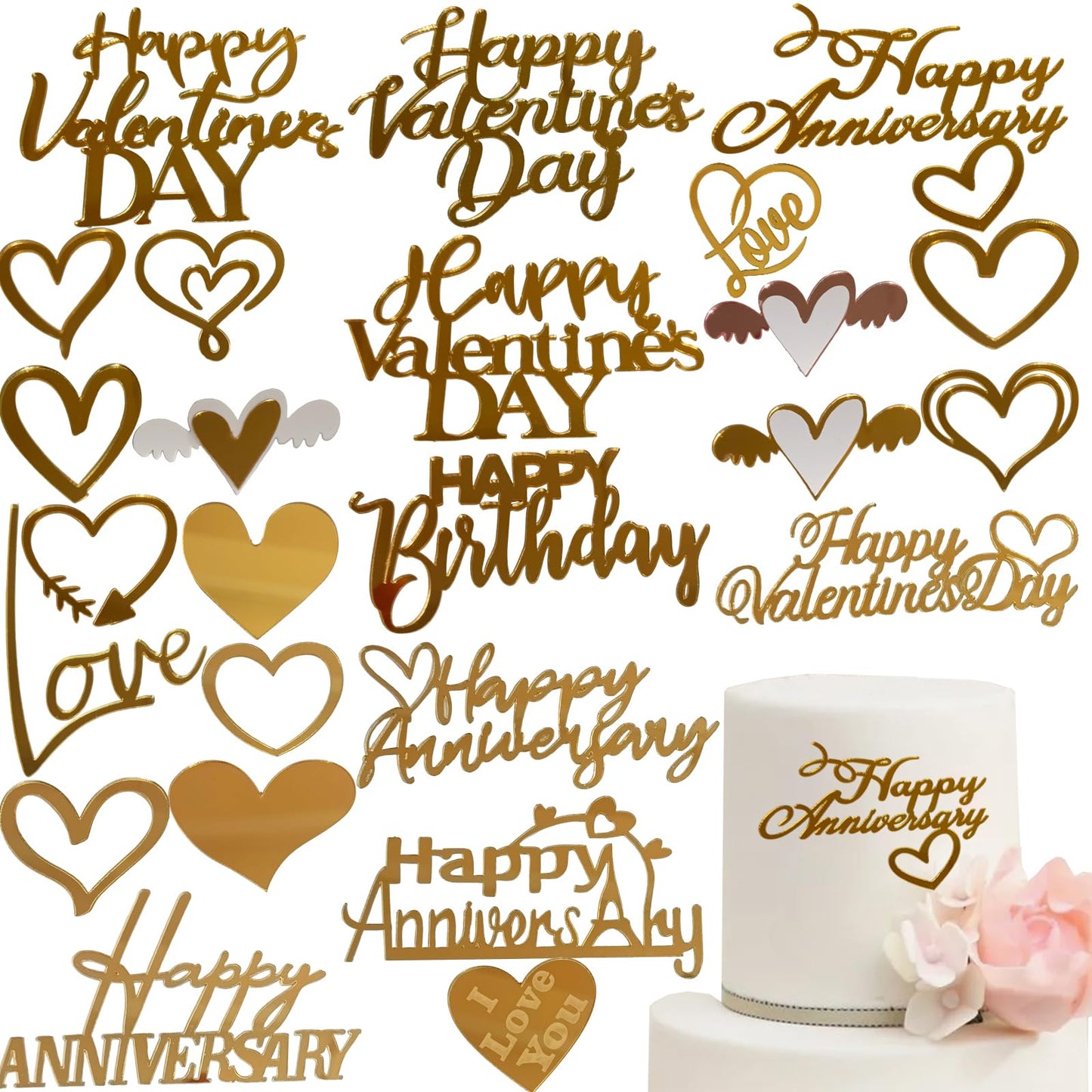 25 Pcs Happy Valentine S Day Cake Toppers Gold Happy Anniversary Acrylic Love Heart Cupcake Toppers Valentine S Day Party Food Decorations Engagement Wedding Cake Decoration Birthday Party Supplies