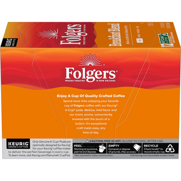 Folgers Breakfast Blend Mild Roast Coffee, 72 Keurig K-Cup Pods