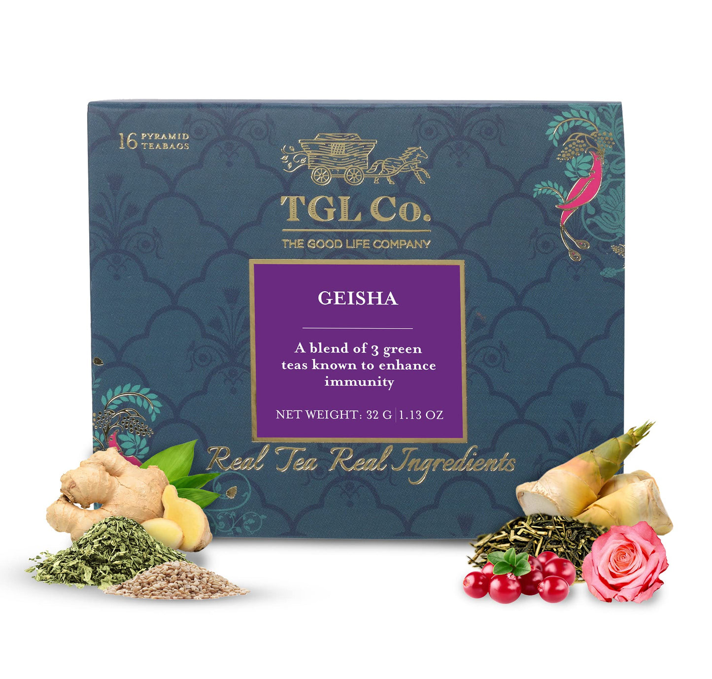 TGL Co. The Good Life Company Geisha Green Tea, 16 Tea Bags With Green Sencha Tea, Green Bancha Tea, Green Kukicha Tea, Sesame,