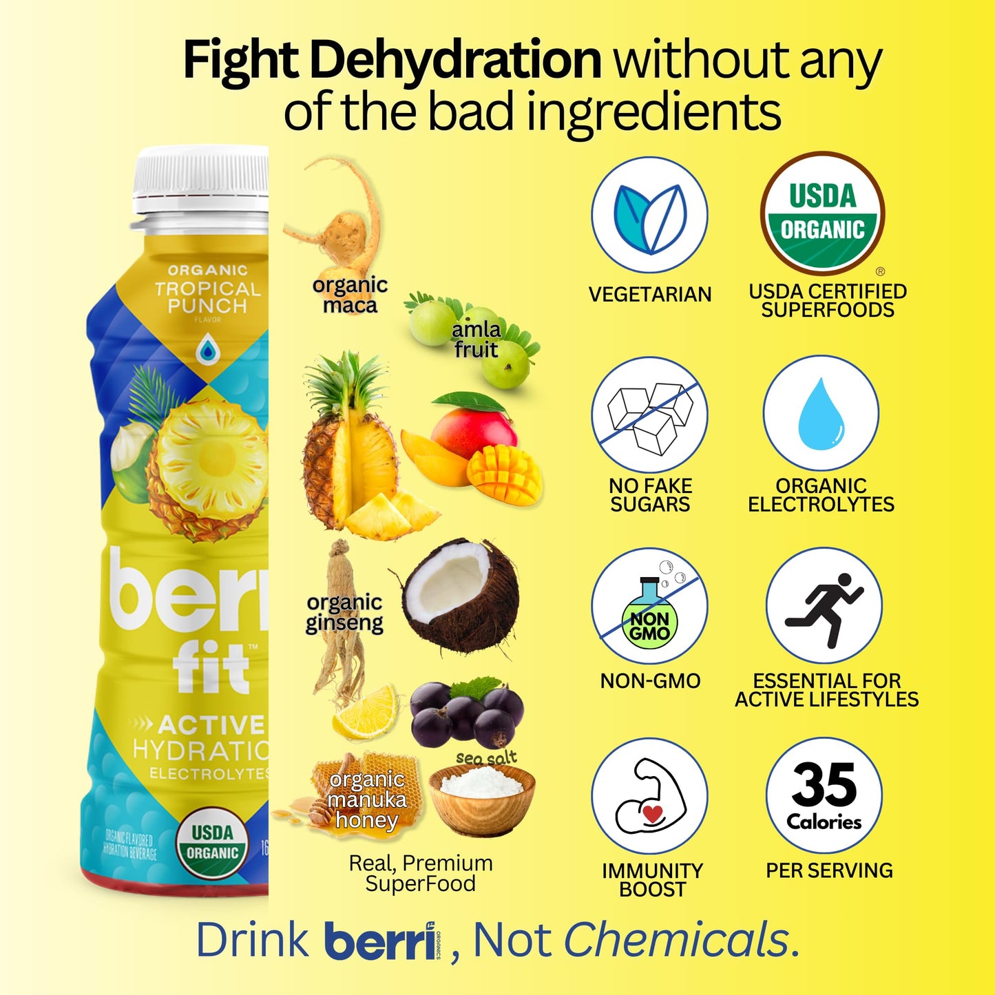 Berri Fit Hydration - Organic Tropical Fruit Flavor Natural Sports Drink - Plant-Based Electrolyte Beverage - Low Calorie, Paleo