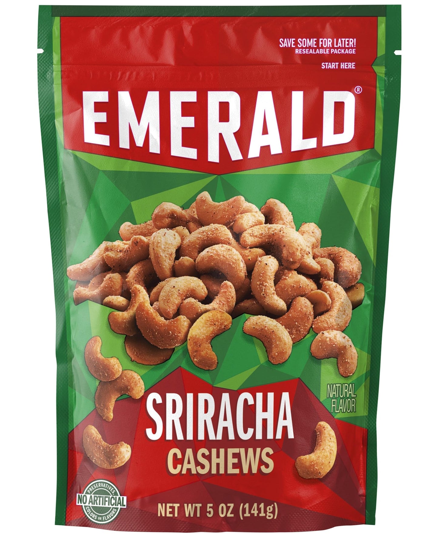 Emerald Nuts Sriracha Seasoned Cashews (1-Pack) | 5 Oz Resealable Bag | Kosher Certified, Non-GMO, Contains No Artificial Preser