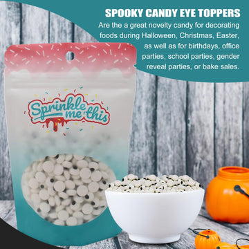 Spooky Eye Toppers - 4 oz Resealable Stand Up Candy Bag - Edible Baking Decorations - Funny White Googly Eyes for Cupcakes, Cake
