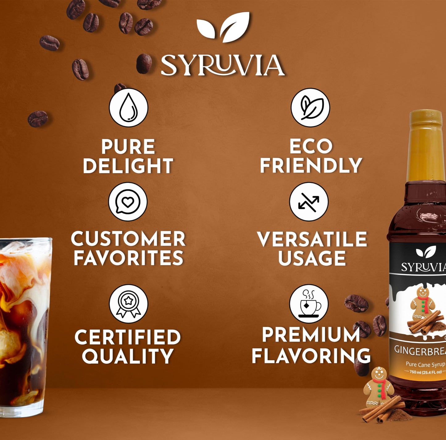 Syruvia Gingerbread Syrup - Gingerbread Coffee Syrup Flavor, 25.4 Fl Oz, Kosher, Gluten Free, Perfect For Coffee, Drinks, Soda,