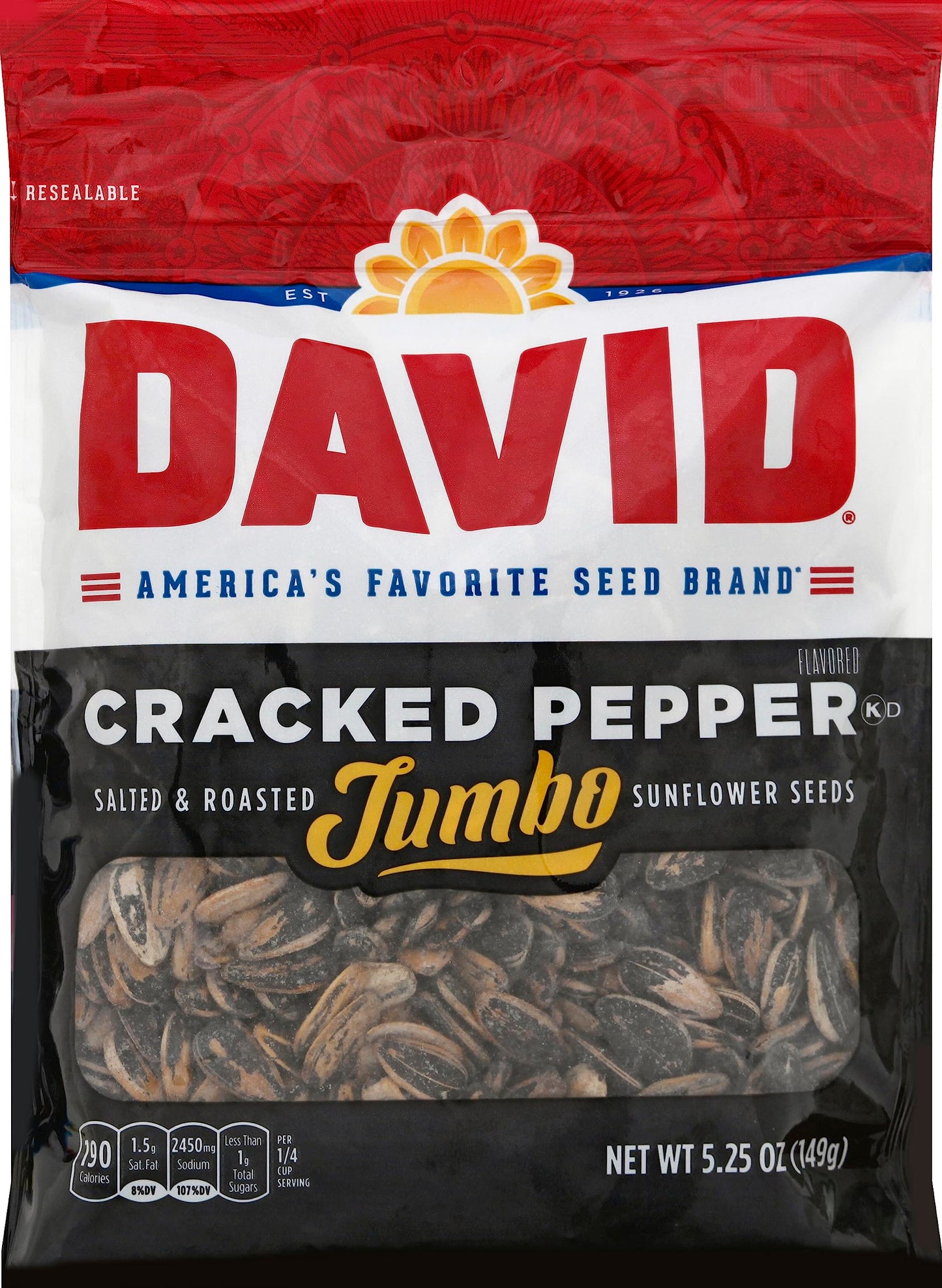 David Roasted And Salted Jumbo Sunflower Seeds, Cracked Pepper Flavor, 5.25Oz.