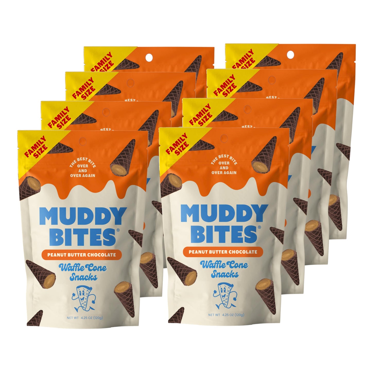 Muddy Bites Waffle Cone Snacks Bite Sized Chocolate Filled Waffle Cones For Snack Or Dessert Ice Cream Topping Made With Pure Cane Sugar Kosher (4.25 Oz (Pack Of 8) Peanut Butter Chocolate)