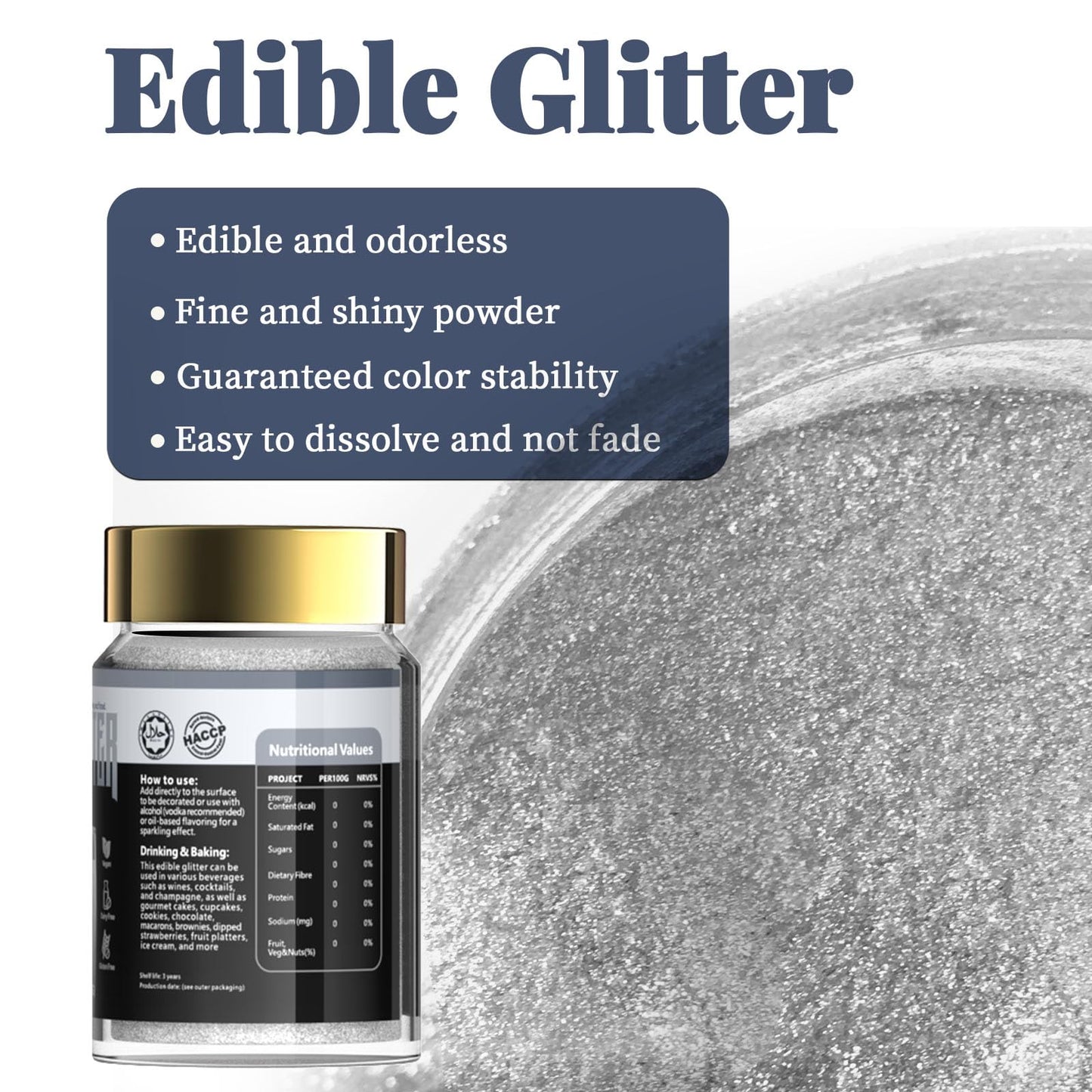 LOCDO Edible Glitter, Food Grade Luster Dust, Vegan, Allergen-Free, Large 15G, Silver