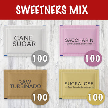 Variety Pack Sweeteners - Assorted mix for Tea, Coffee & Beverages - Includes Saccharin, Sucralose, Raw Brown & White Sugar - Co