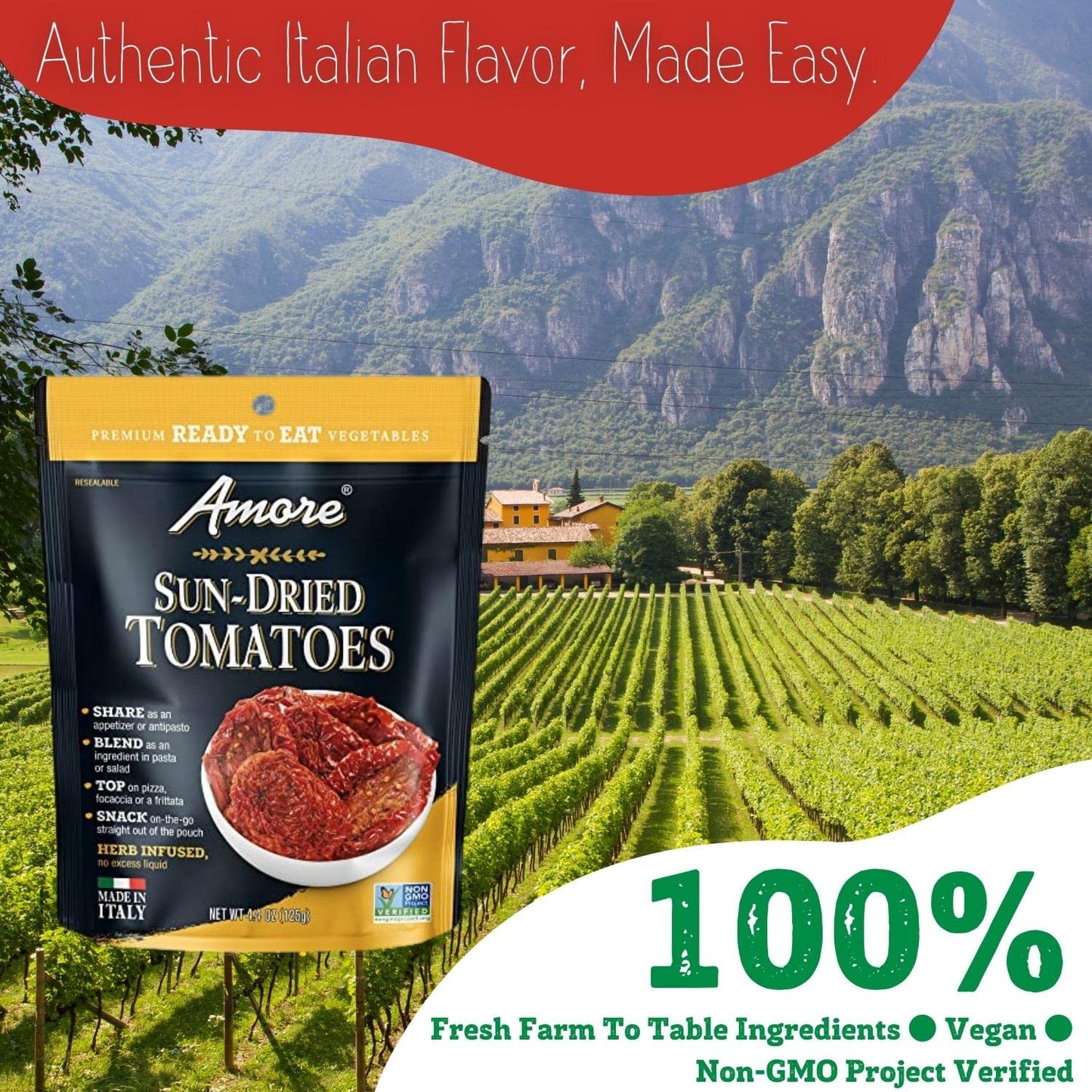 Amore Vegan Sun Dried Tomatoes - Non GMO Certified Ready-to-Eat Herb Infused Vegetables In Resealable Bags 4.4 Ounce (Pack of 10