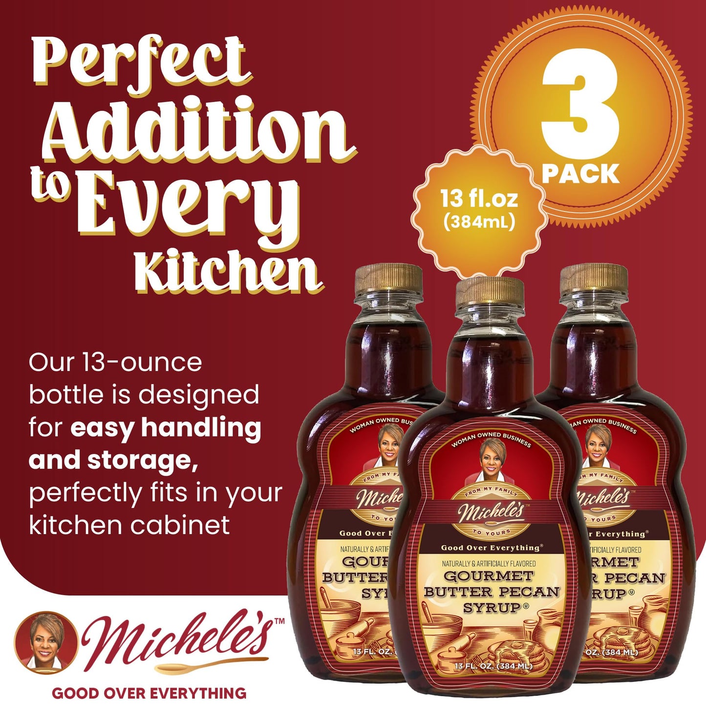 Micheles Gourmet Butter Pecan Syrup 3-Pack | 13 Ounce Bottle | Good Over Everything! | Foodie Gift, Ice Cream & Desert Topping,