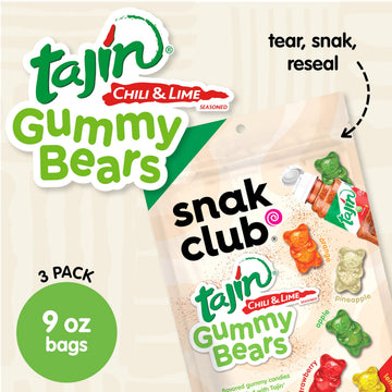 Snak Club Tajin Gummy Bears, Assorted Fruit Candy Gummies with Chili and Lime Seasoning, Mild Spice, Gluten-Free and Vegan Snack