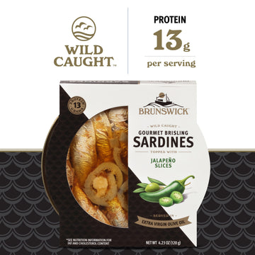 Brunswick Gourmet Brisling Sardines in Extra Virgin Olive Oil with Jalapeño, 4.23 oz Can (Pack of 12), Gluten-Free, Keto Friendly