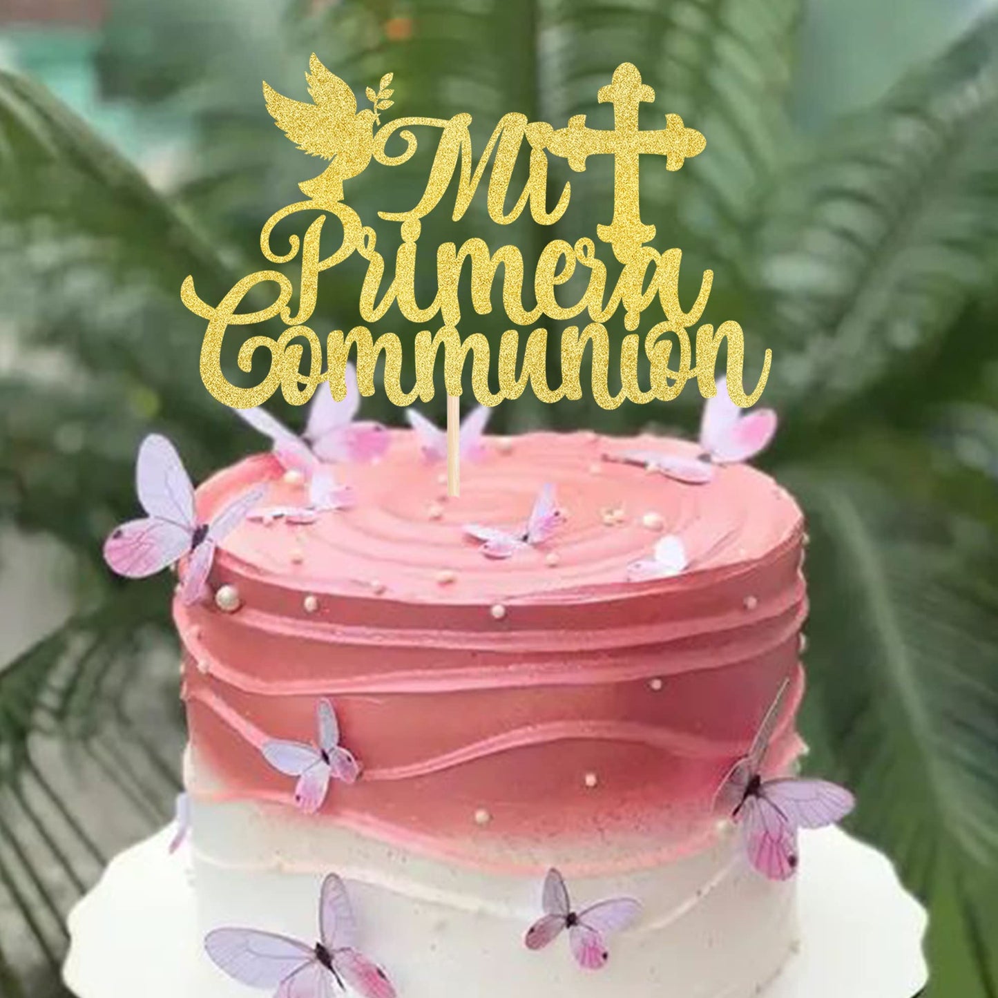 YCTHUNFISH Cake Topper Glitter First Holy Communion Decorations, Gold, Bamboo, 1 Pack