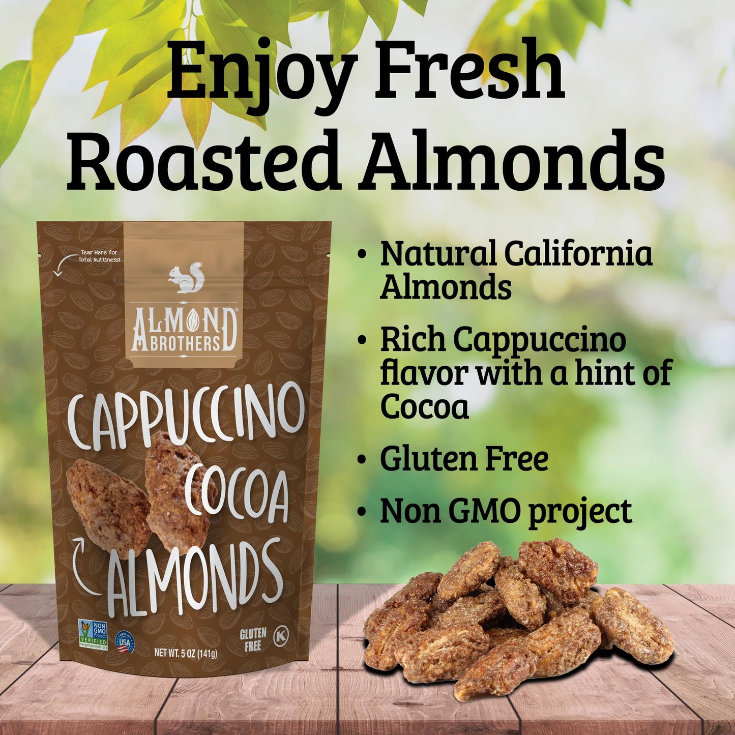 Almond Brothers Roasted Almonds - Hand Crafted Cappuccino & Cocoa Almonds, Gluten-Free, Non-Gmo, Candied Almonds (5 Oz, Pack Of