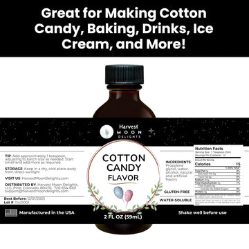 Cotton Candy Flavoring Extract - 2 Oz - Water-Soluble - By Harvest Moon Delights - Cotton Candy Extract For Baking, Ice Cream, D