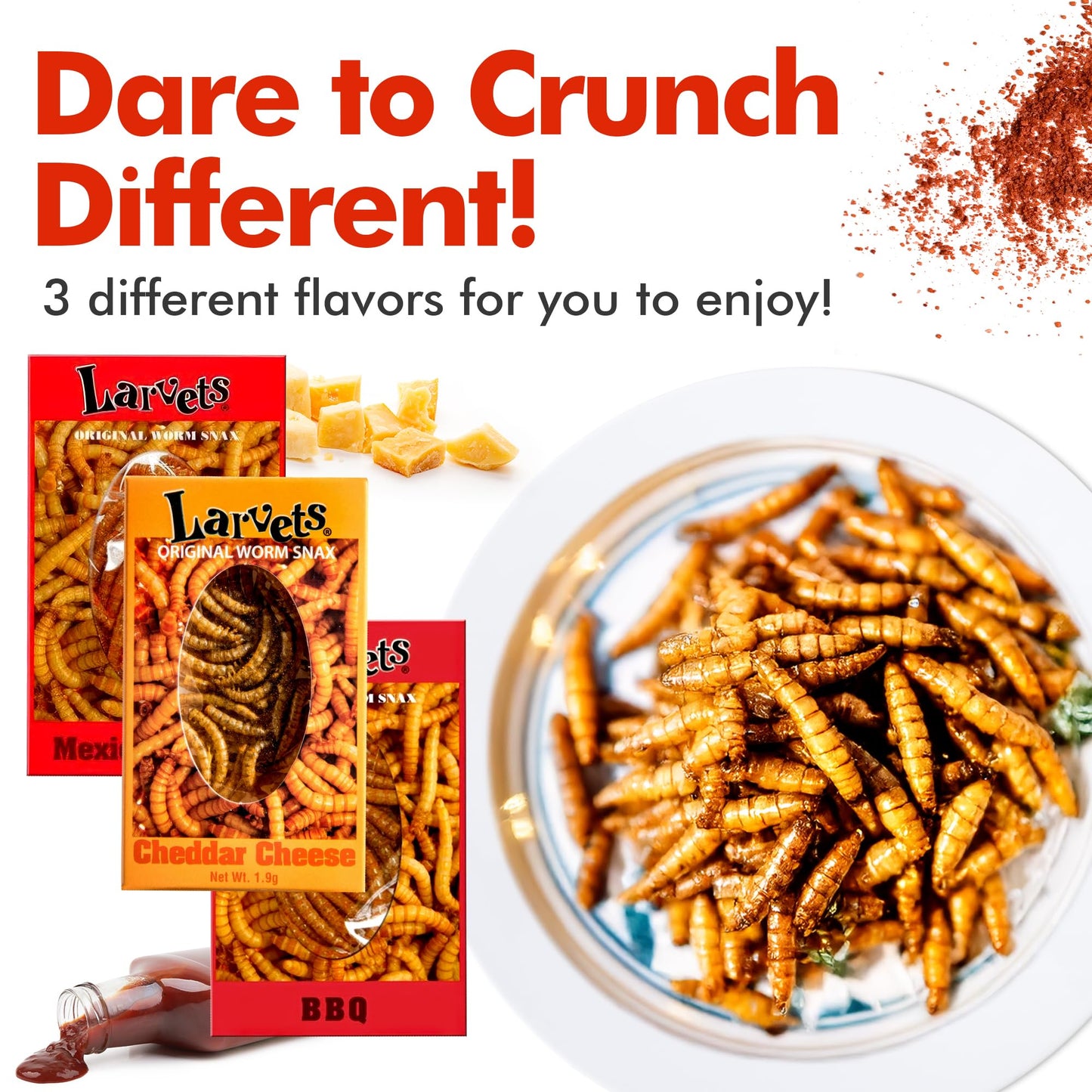 Hotlix Larvets Edible Bugs (3-Pack), Real Flavored Edible Larvae In Cheddar Cheese, Bbq, Mexican Cheese, Exotic Snacks, Edible I